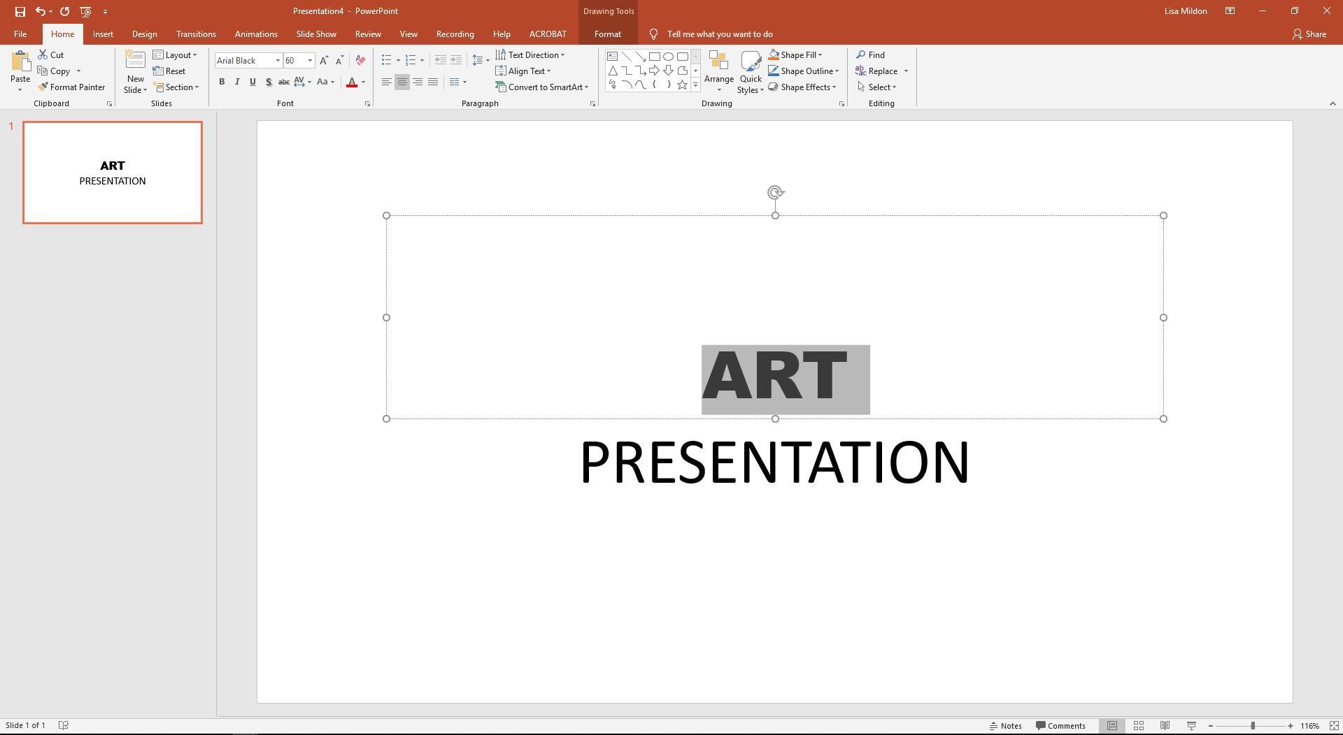 PowerPoint отображает выделенный текст