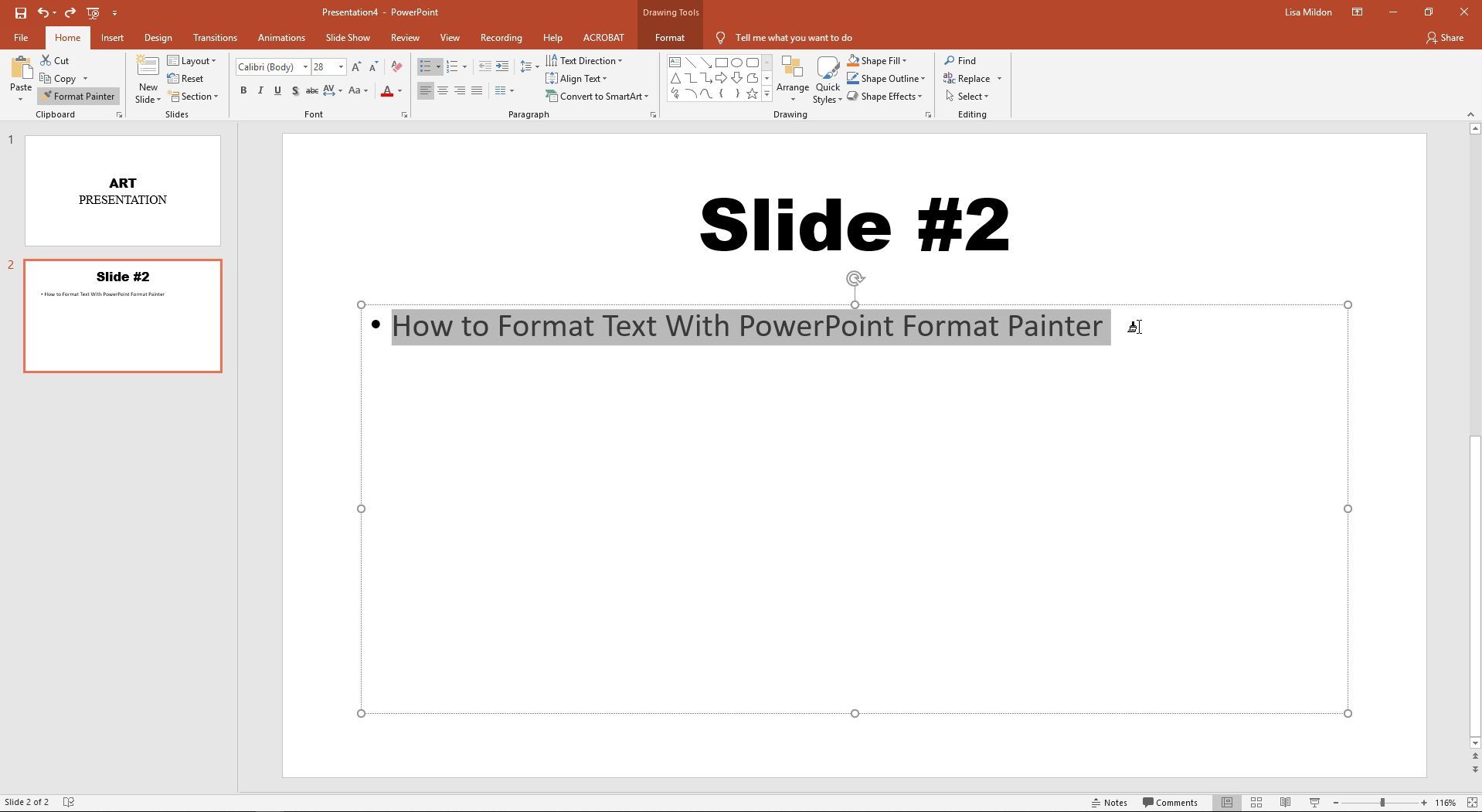 PowerPoint отображает формат художника, применяющий ко второму текстовому полю.