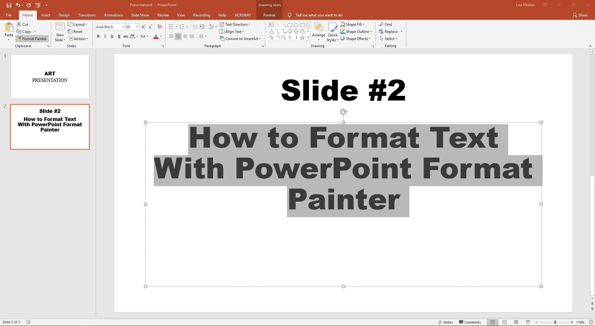 PowerPoint отображает недавно отформатированный текст.