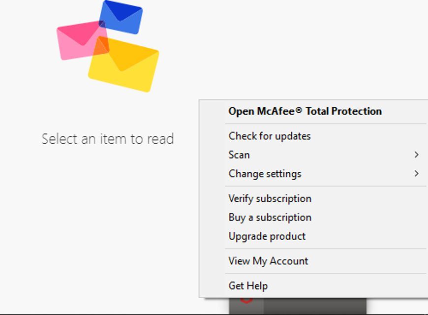 Меню панели задач McAfee Total Protection в Windows 10