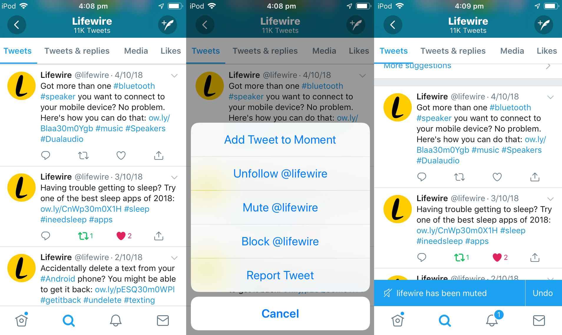 Снимки экрана приложения iOS для Twitter, показывающие, как отключить звук.
