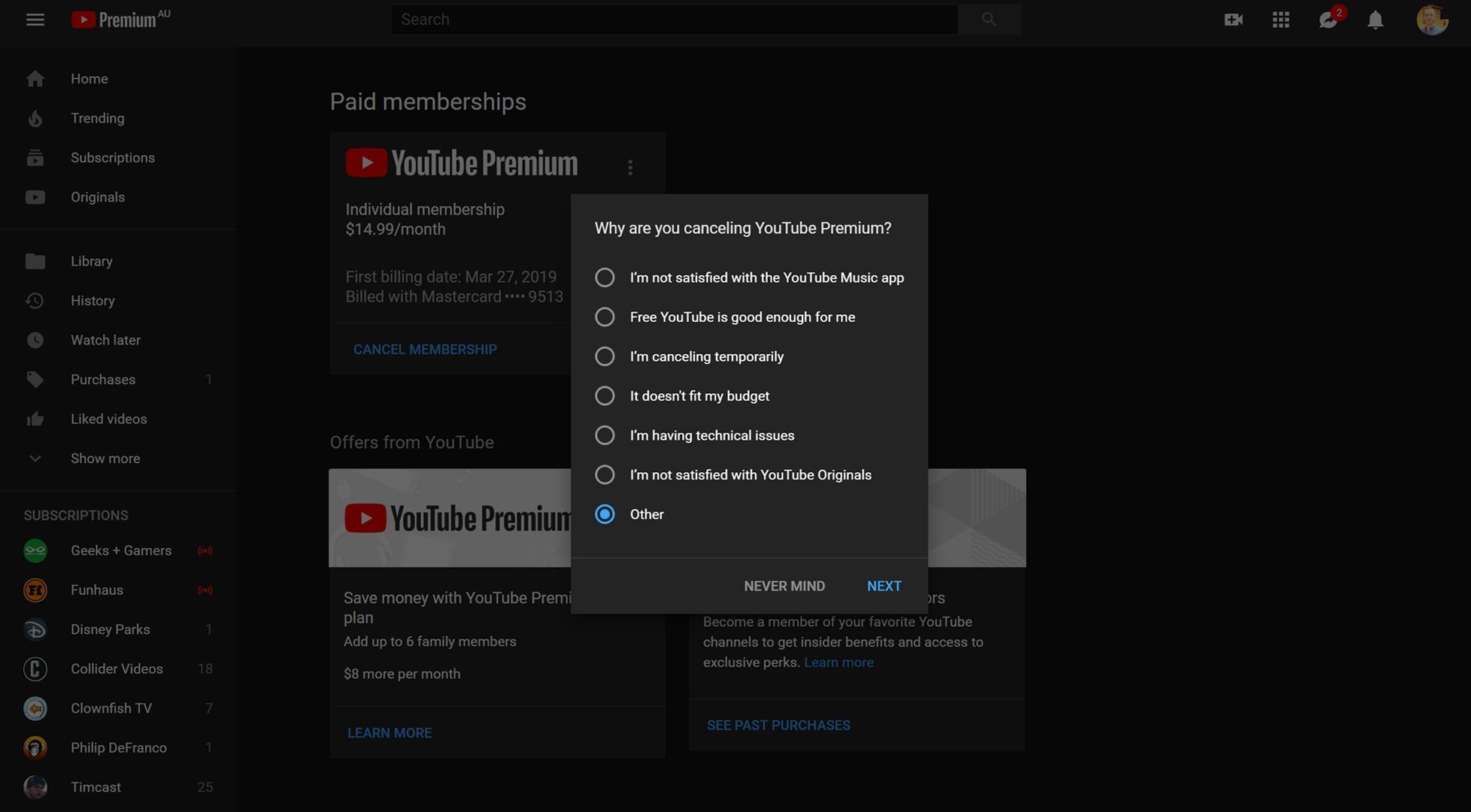 Отмена YouTube Премиум на сайте YouTube.