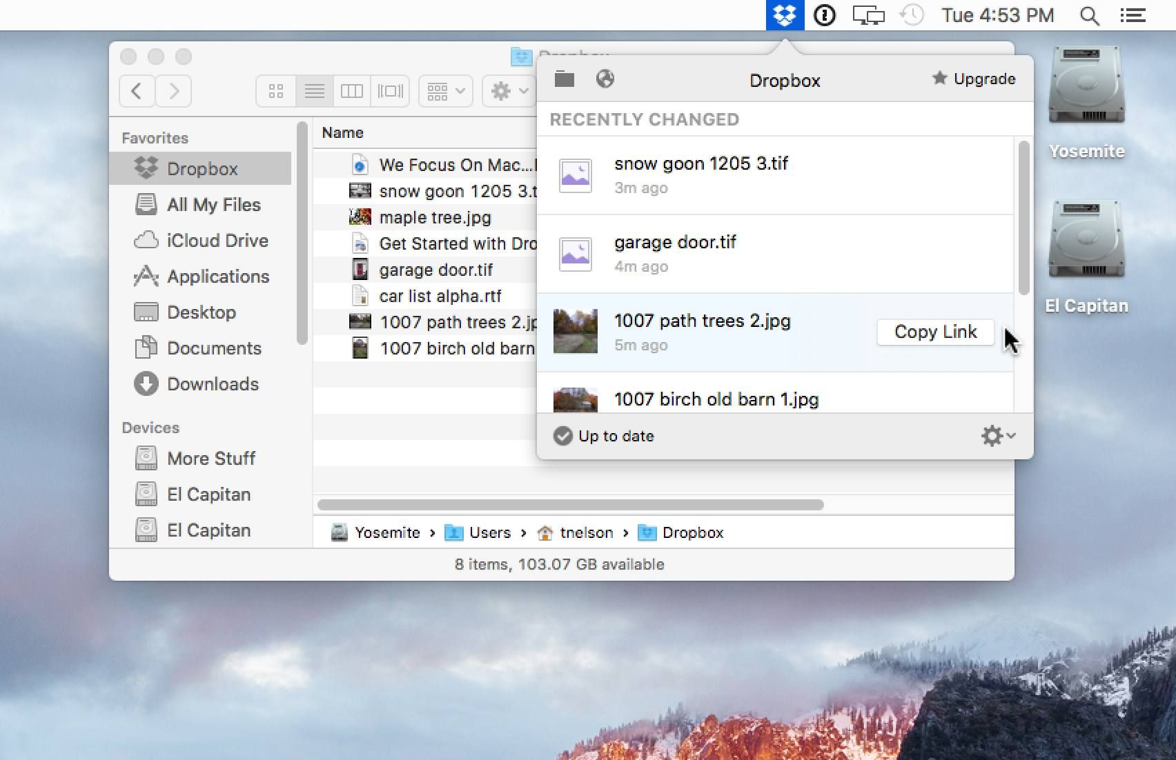 Dropbox для Mac, показывающий папку Dropbox и пункт меню Dropbox