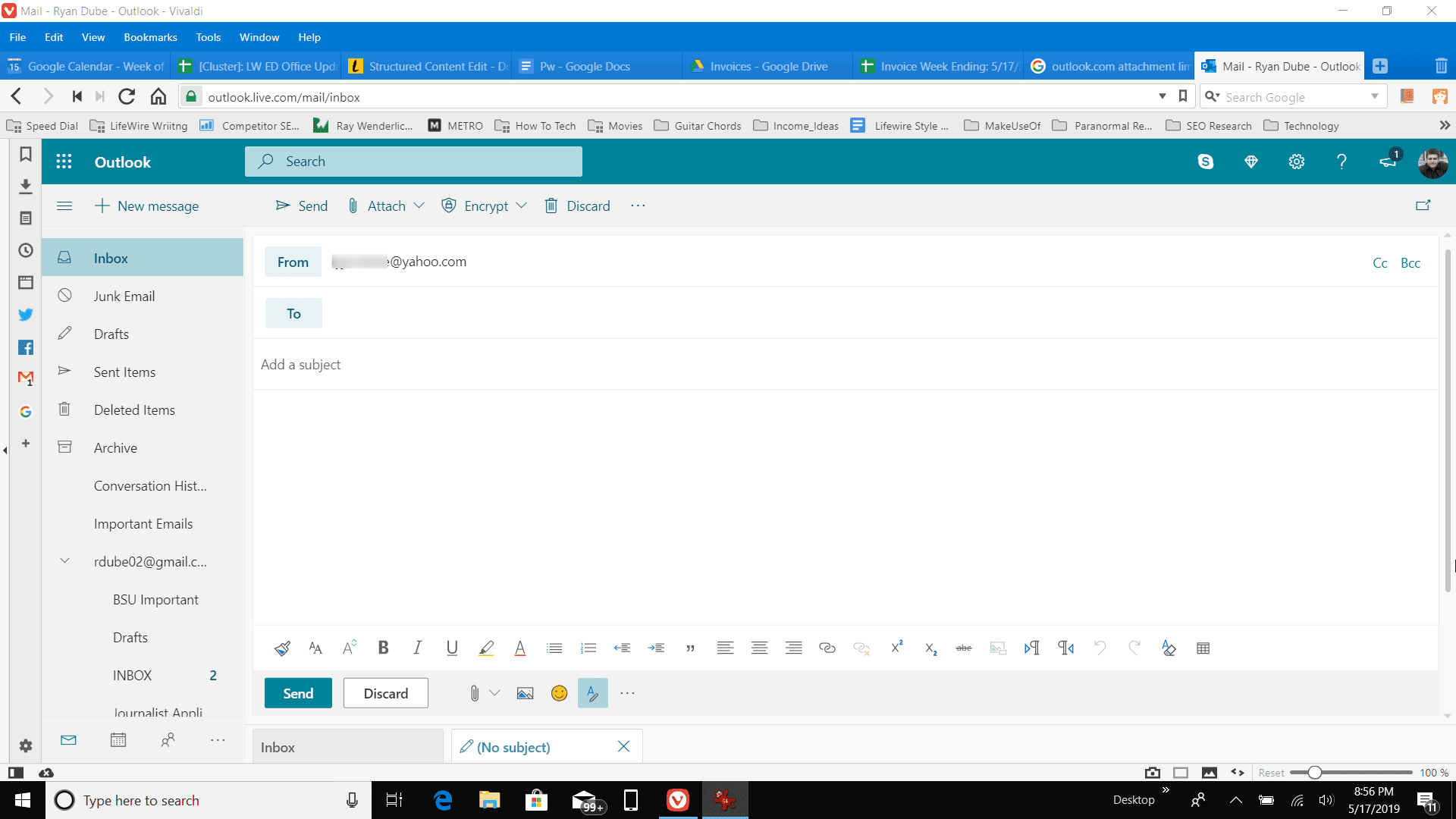 Снимок экрана создания нового сообщения на Outlook.com
