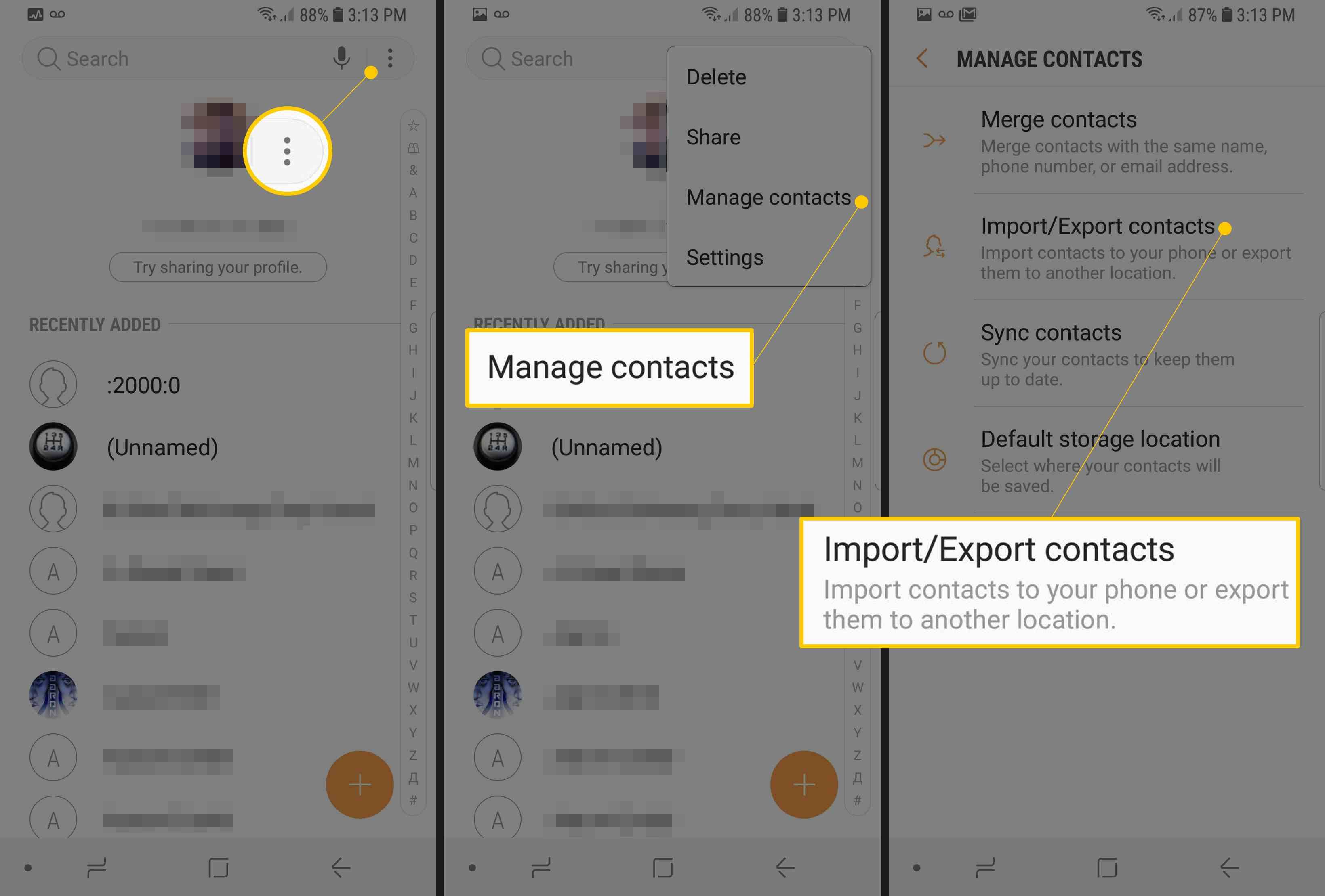 Три экрана приложений Android Contacts с кнопкой меню, управлением контактами и импортом / экспортом контактов