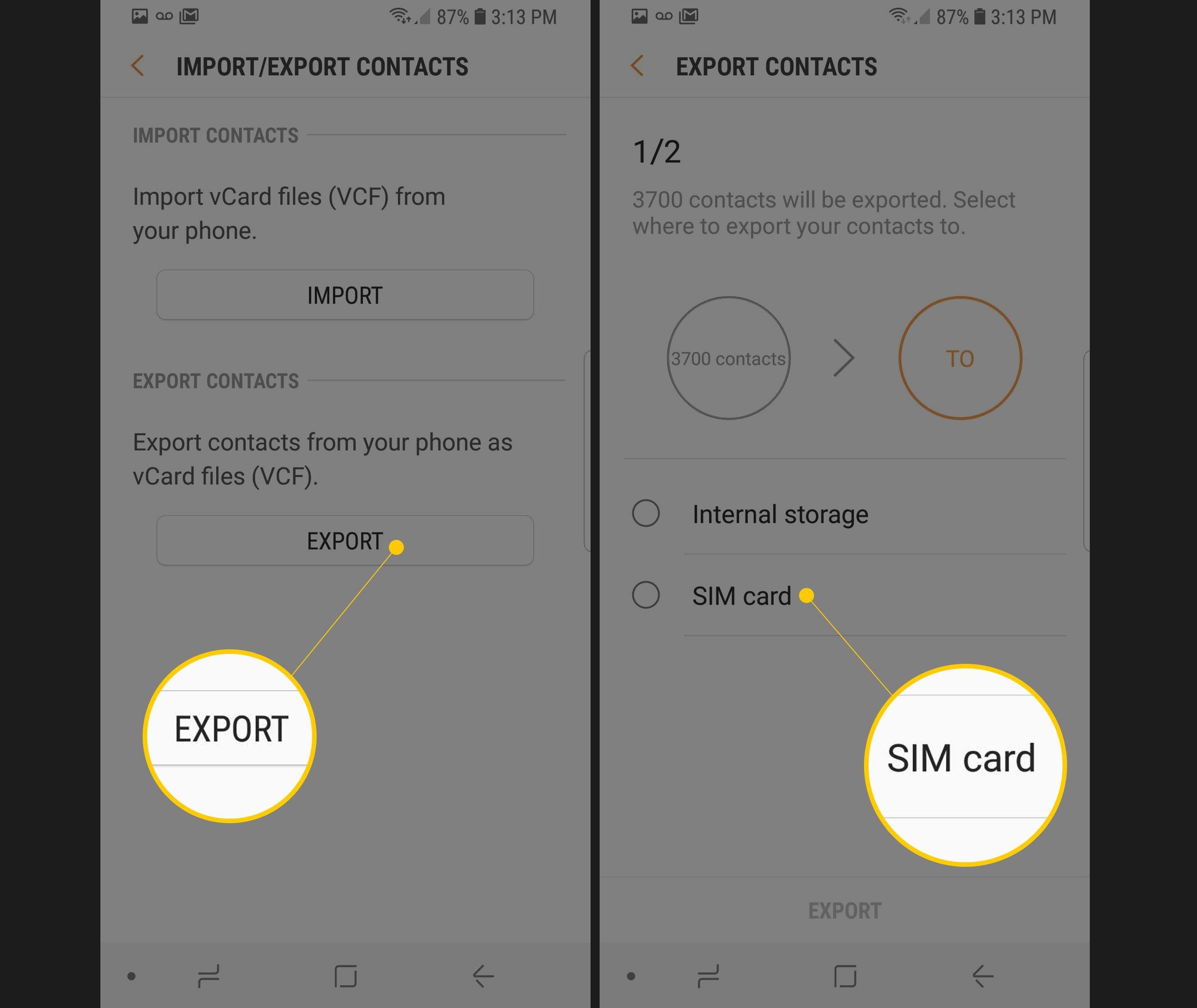 Два экрана Samsung с кнопкой «Экспорт» и возможностью хранения SIM-карты