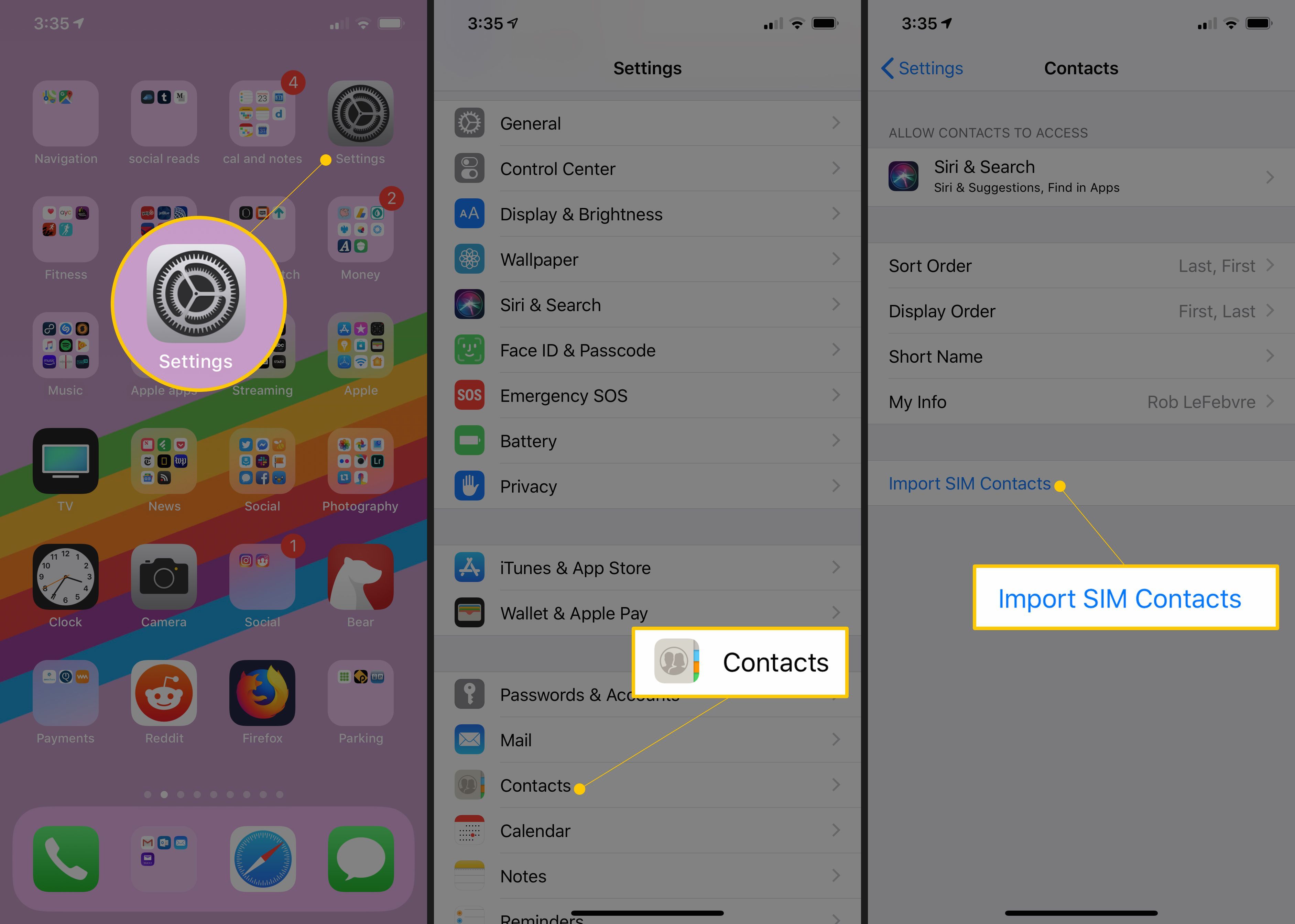 Три экрана iOS со значком приложения «Настройки», кнопкой «Контакты» и кнопкой «Импорт контактов с SIM-карты»