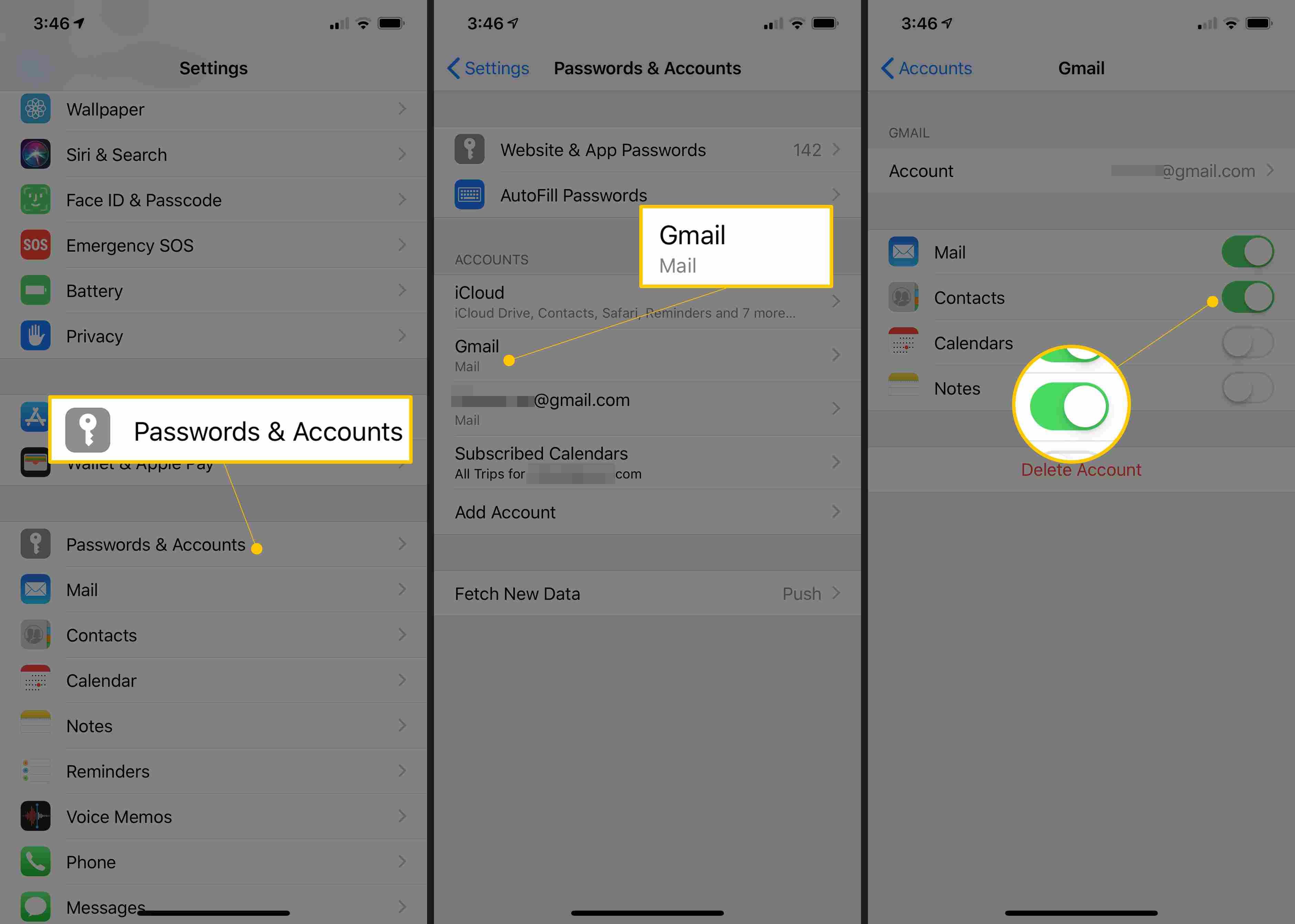 Три экрана iOS с паролями и учетными записями, Gmail и контактами для включения