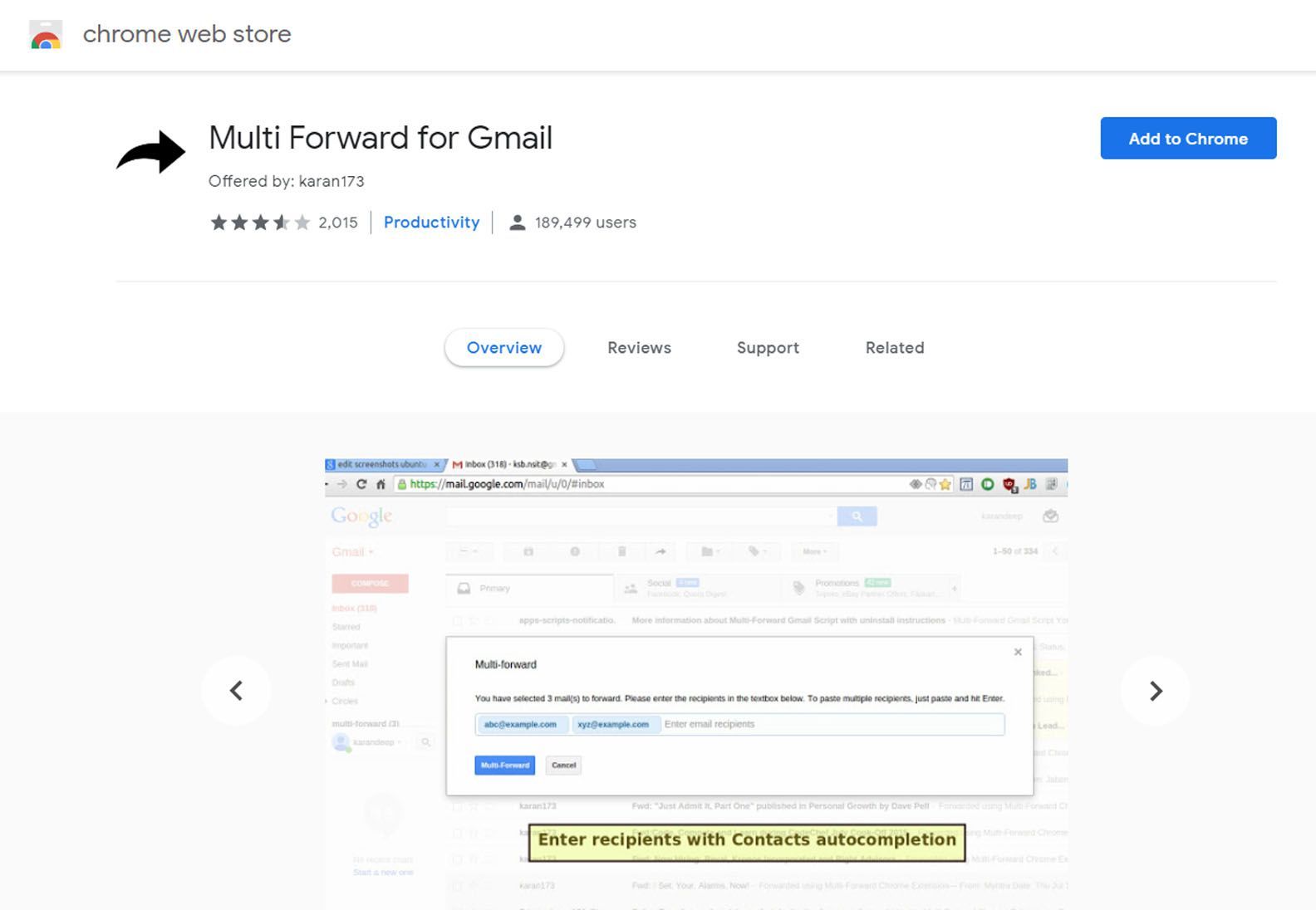 Интернет-магазин Chrome демонстрирует расширение Multi Forward for Gmail.