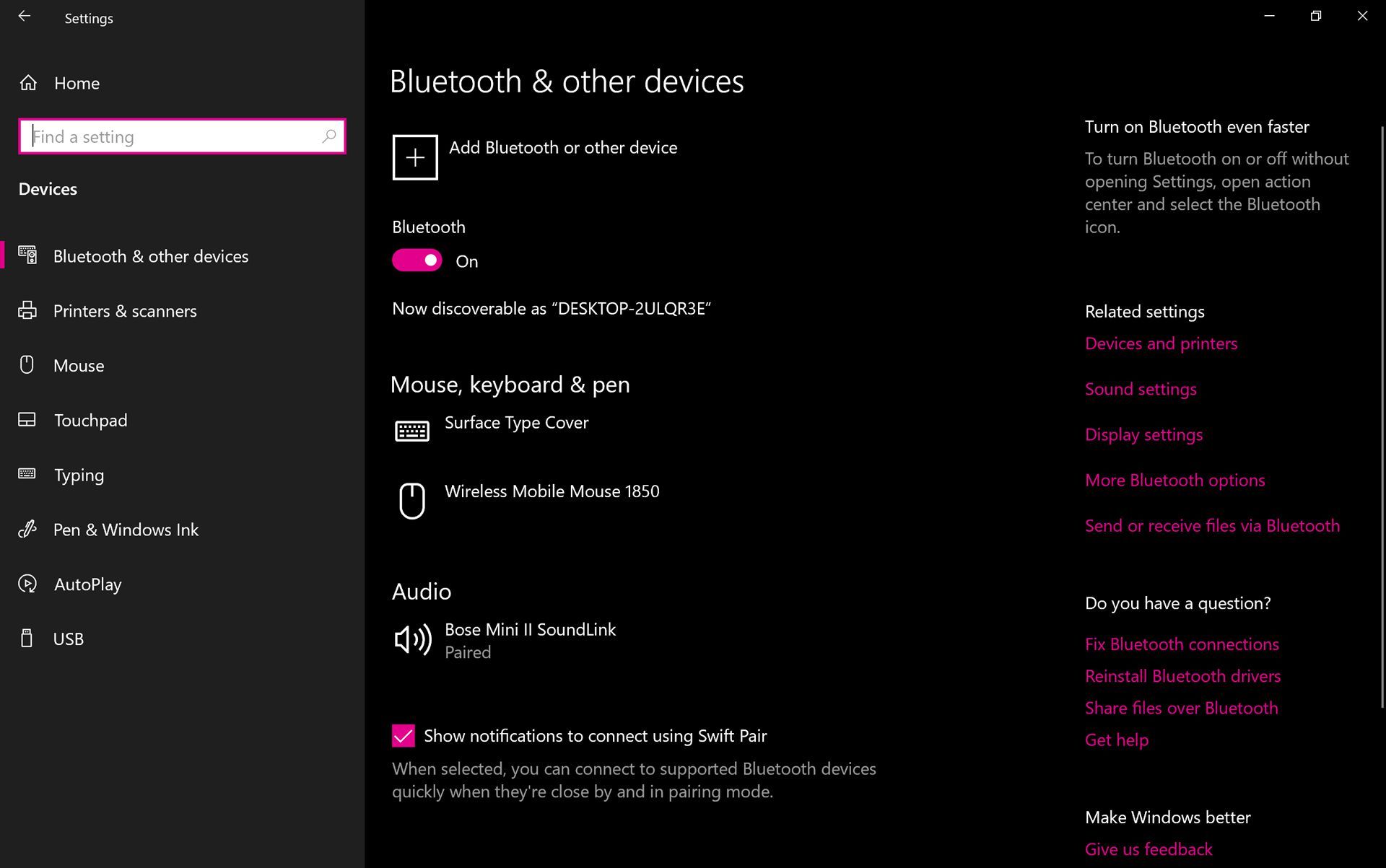 Windows 10 Bluetooth и настройки устройства.