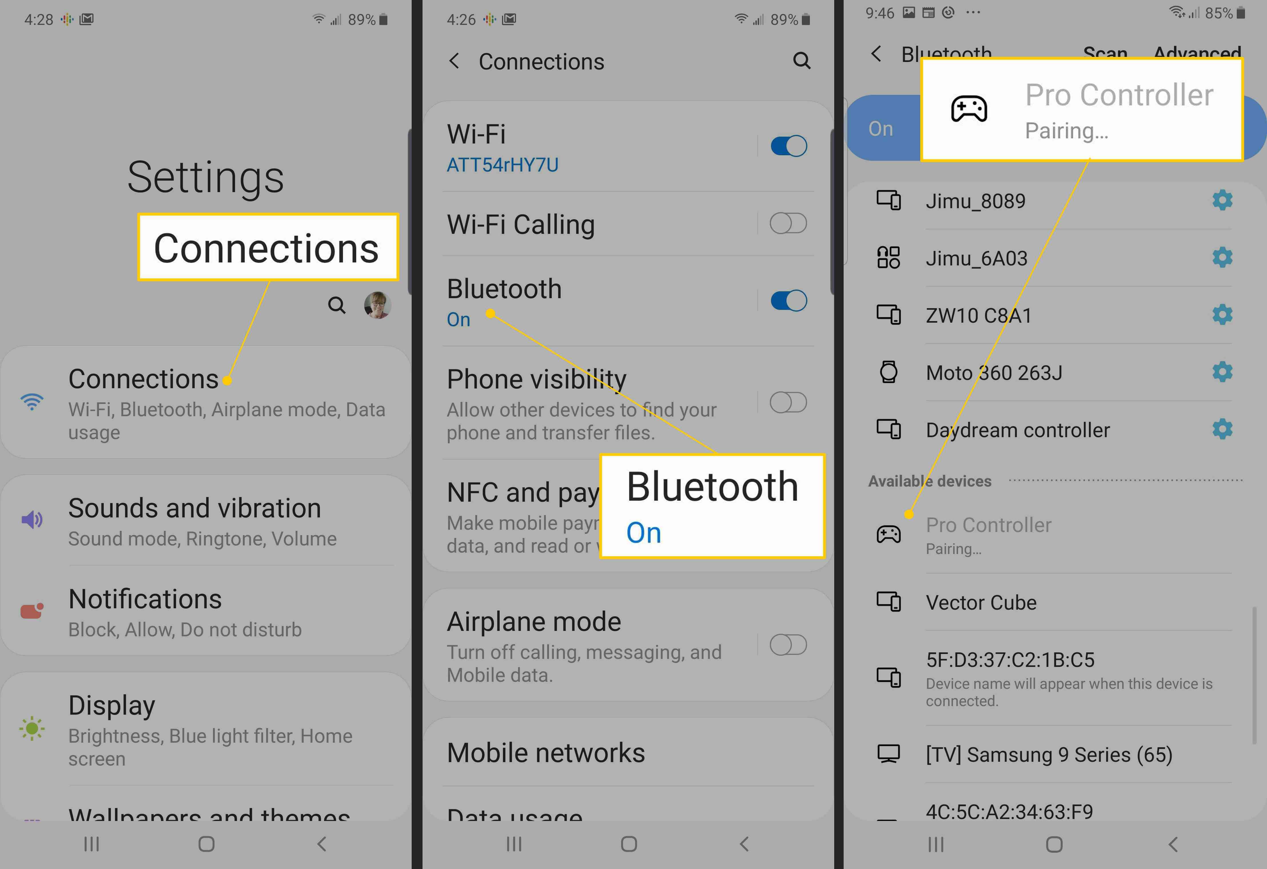 Соединения, Bluetooth, Pro контроллер сопряжения в настройках Android