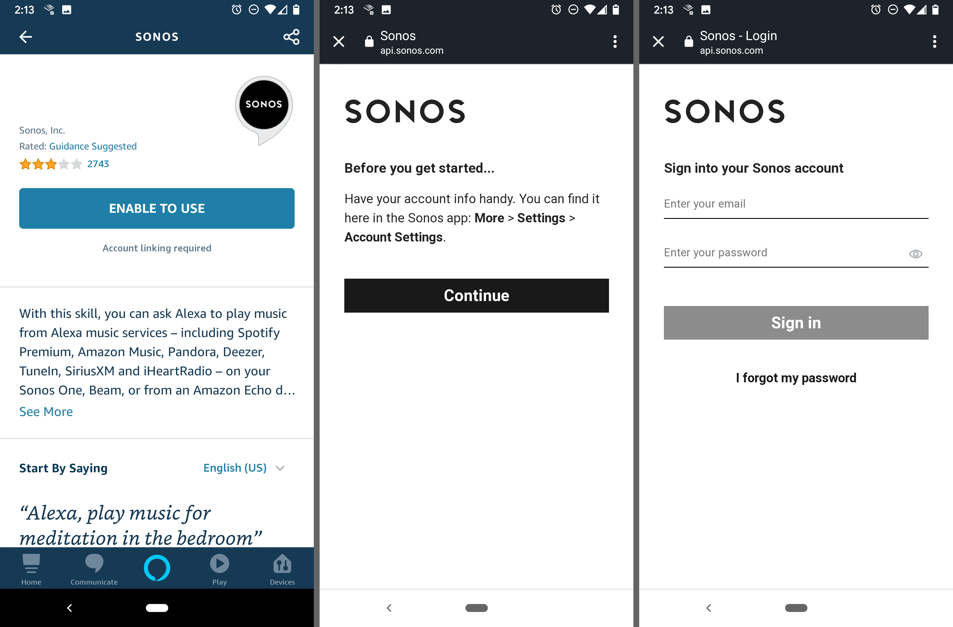 Алекса Android-приложение Sonos экраны