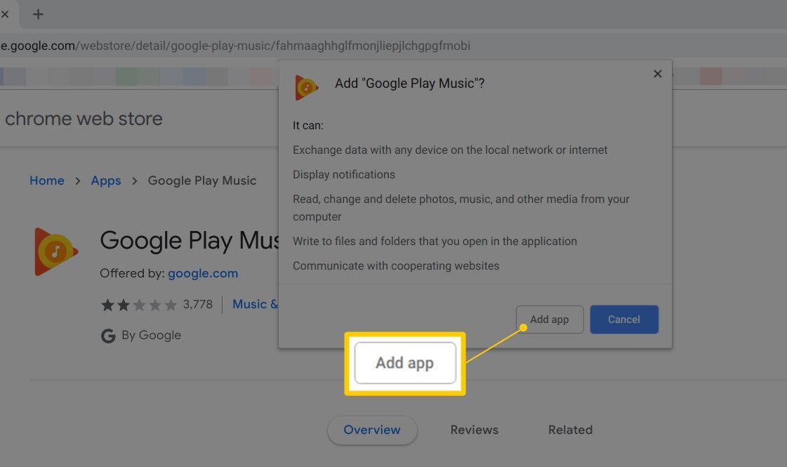Кнопка «Добавить приложение» в интернет-магазине Google Play Music