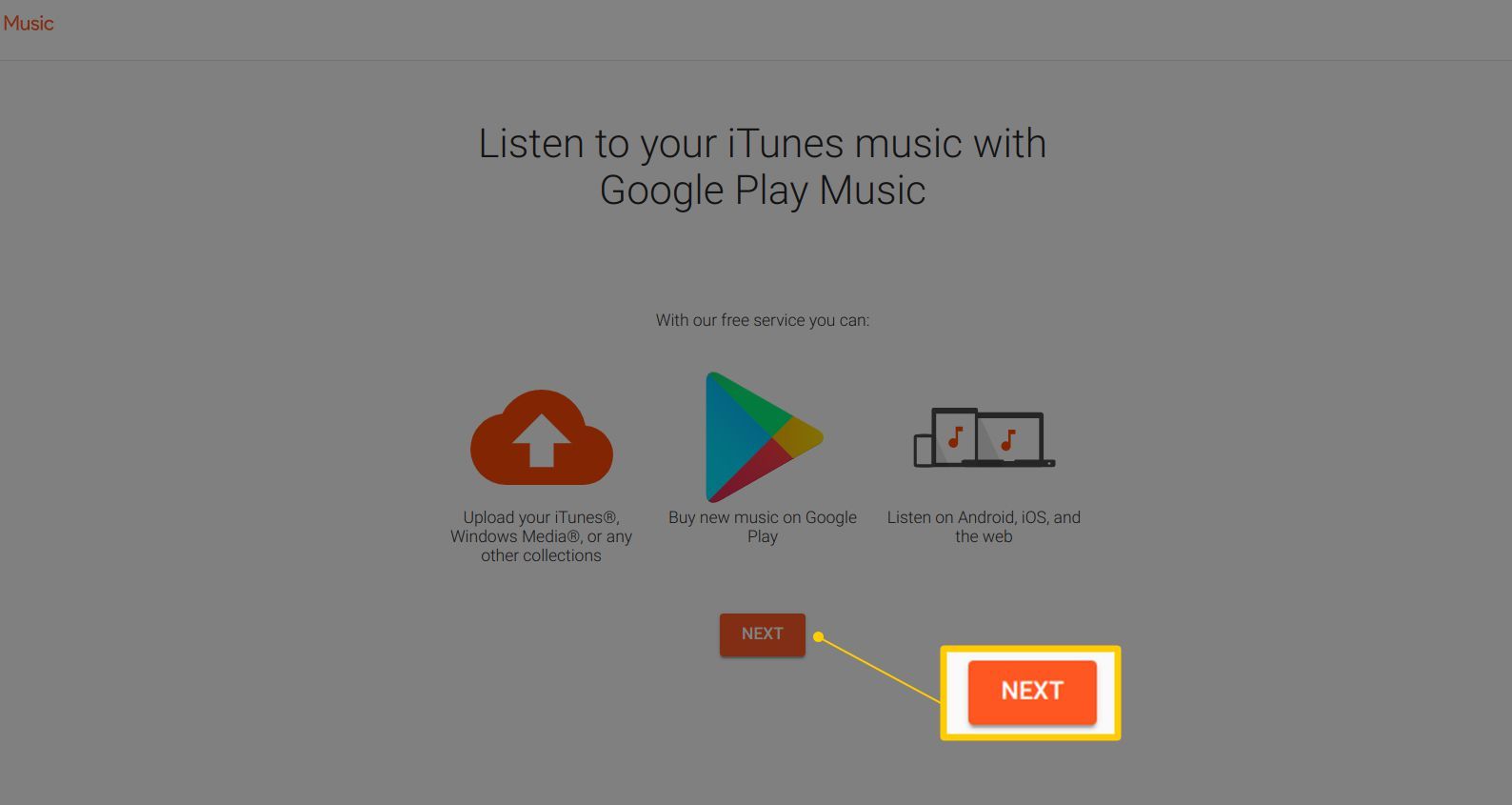 Кнопка «Далее» на странице «Прослушивание музыки в iTunes» на странице «Google Play Музыка»