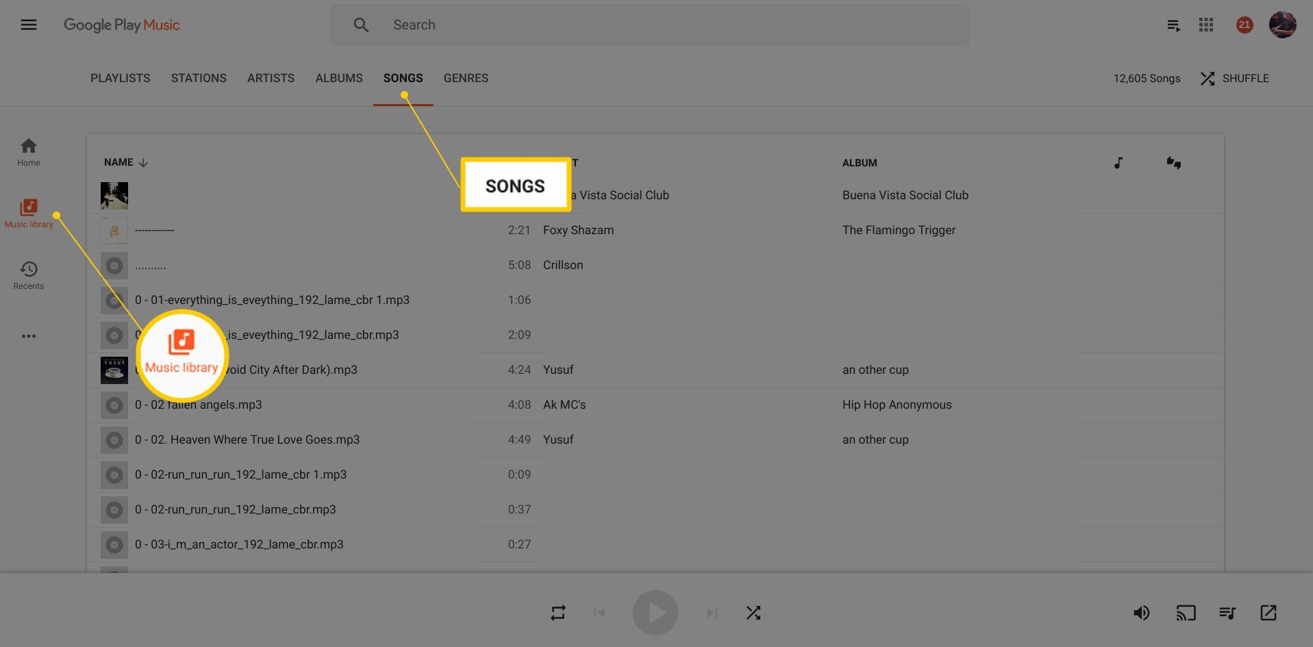 Музыкальная библиотека и кнопка «Песни» в веб-приложении Google Play Music