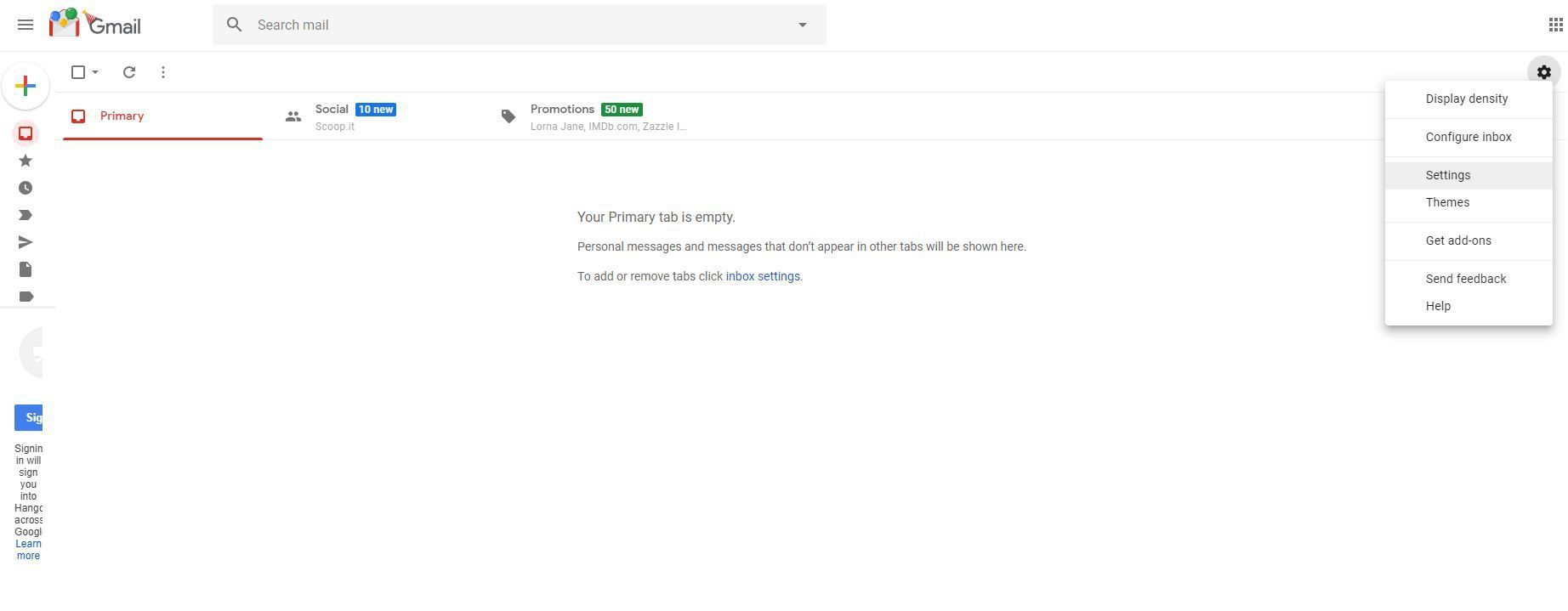 Снимок экрана настроек Gmail