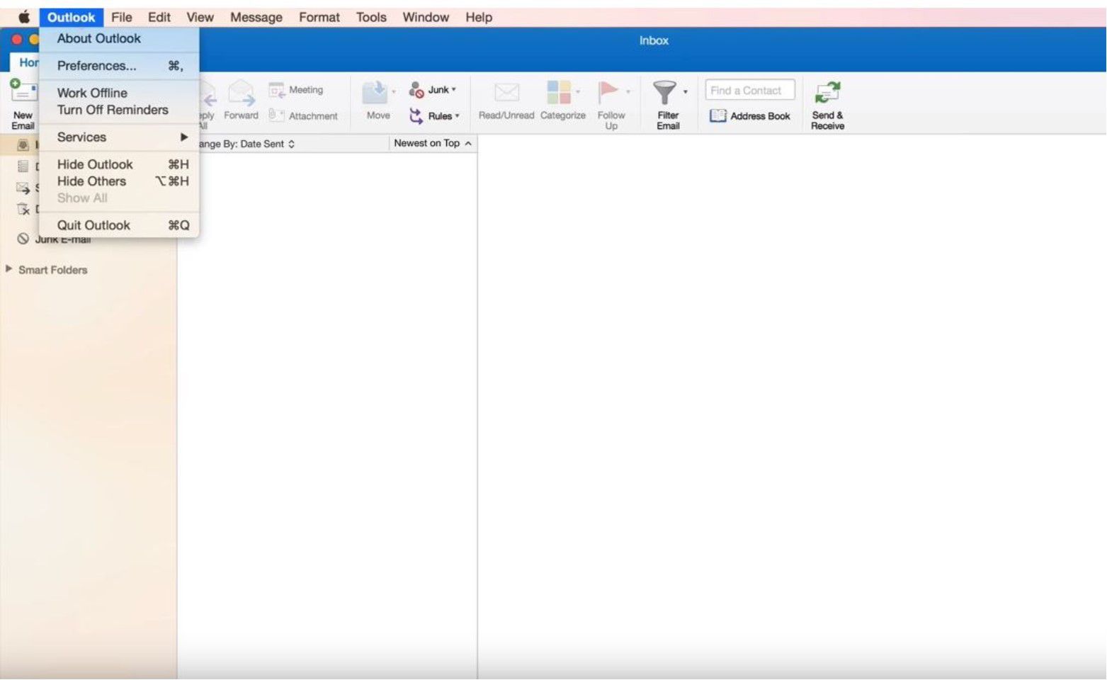 Снимок экрана меню Outlook с настройками