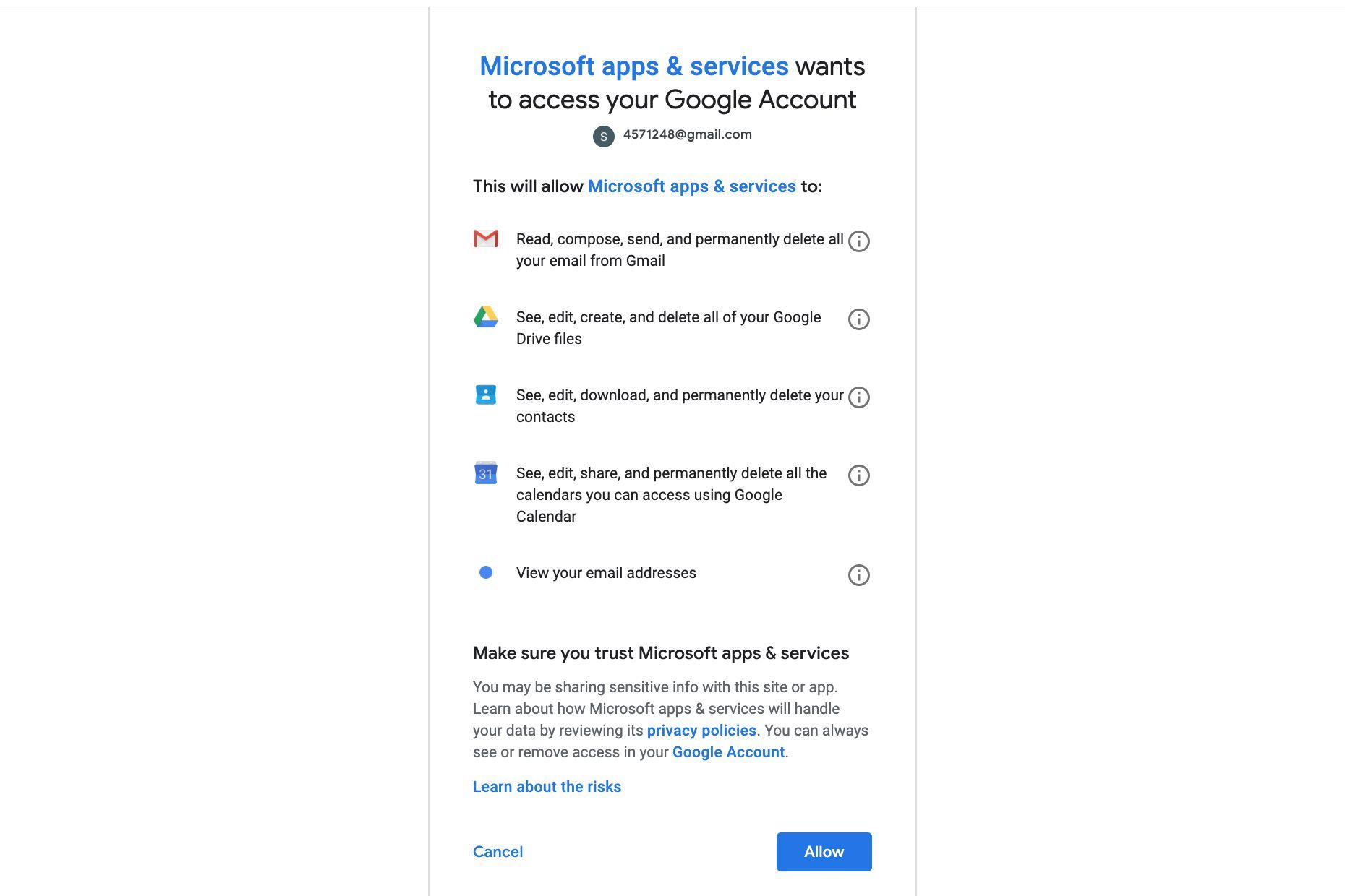 Нажмите Разрешить, чтобы разрешить Microsoft доступ к вашей учетной записи Google