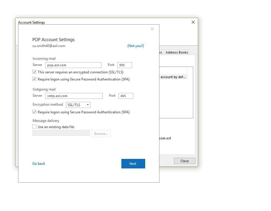 Снимок экрана настроек учетной записи POP для учетной записи AOL Mail в Outlook