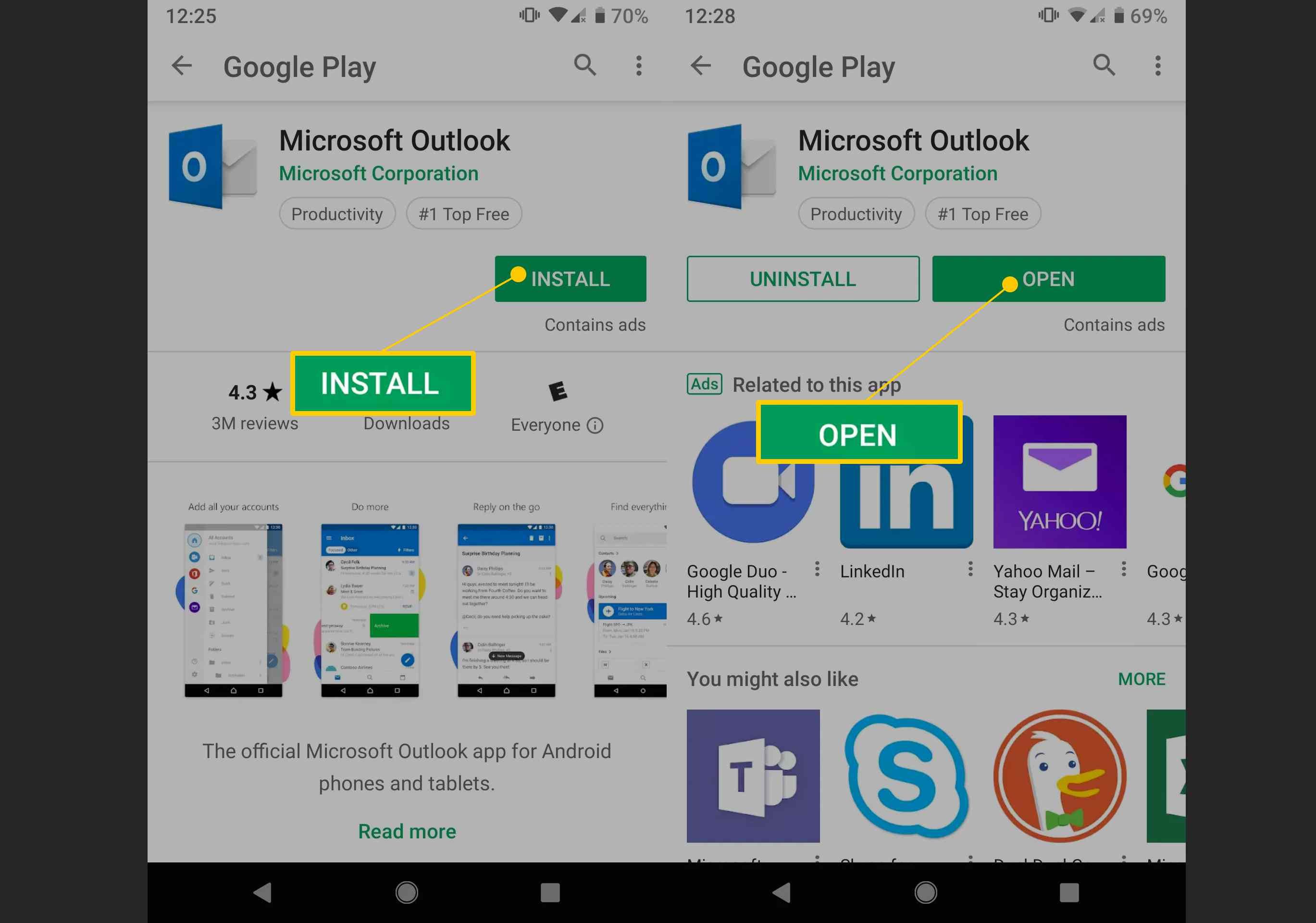 Кнопки «Установить» и «Открыть» в Google Play для приложений Microsoft