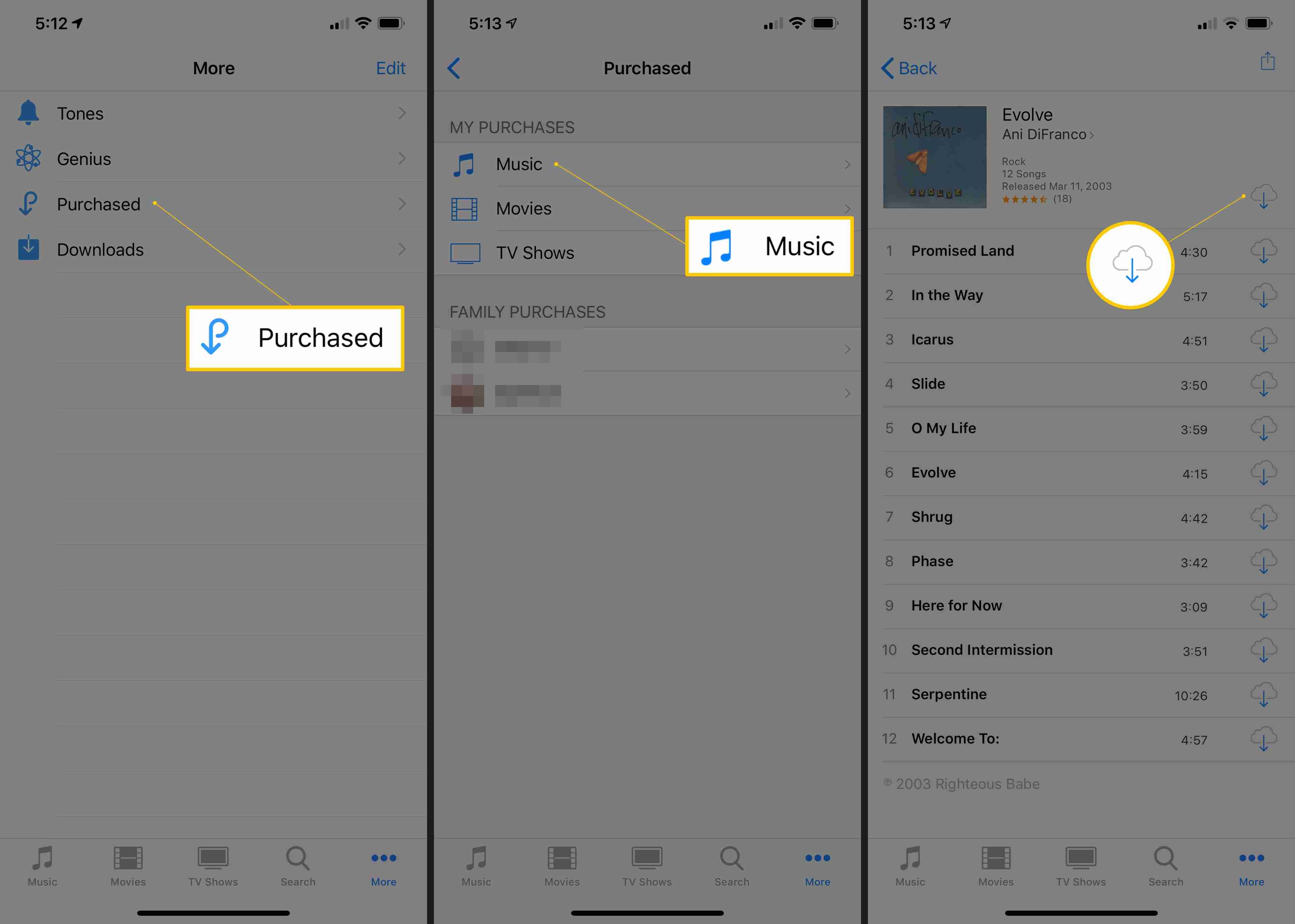 Три снимка экрана iOS с кнопками «Куплено», «Музыка» и «Загрузка облака»