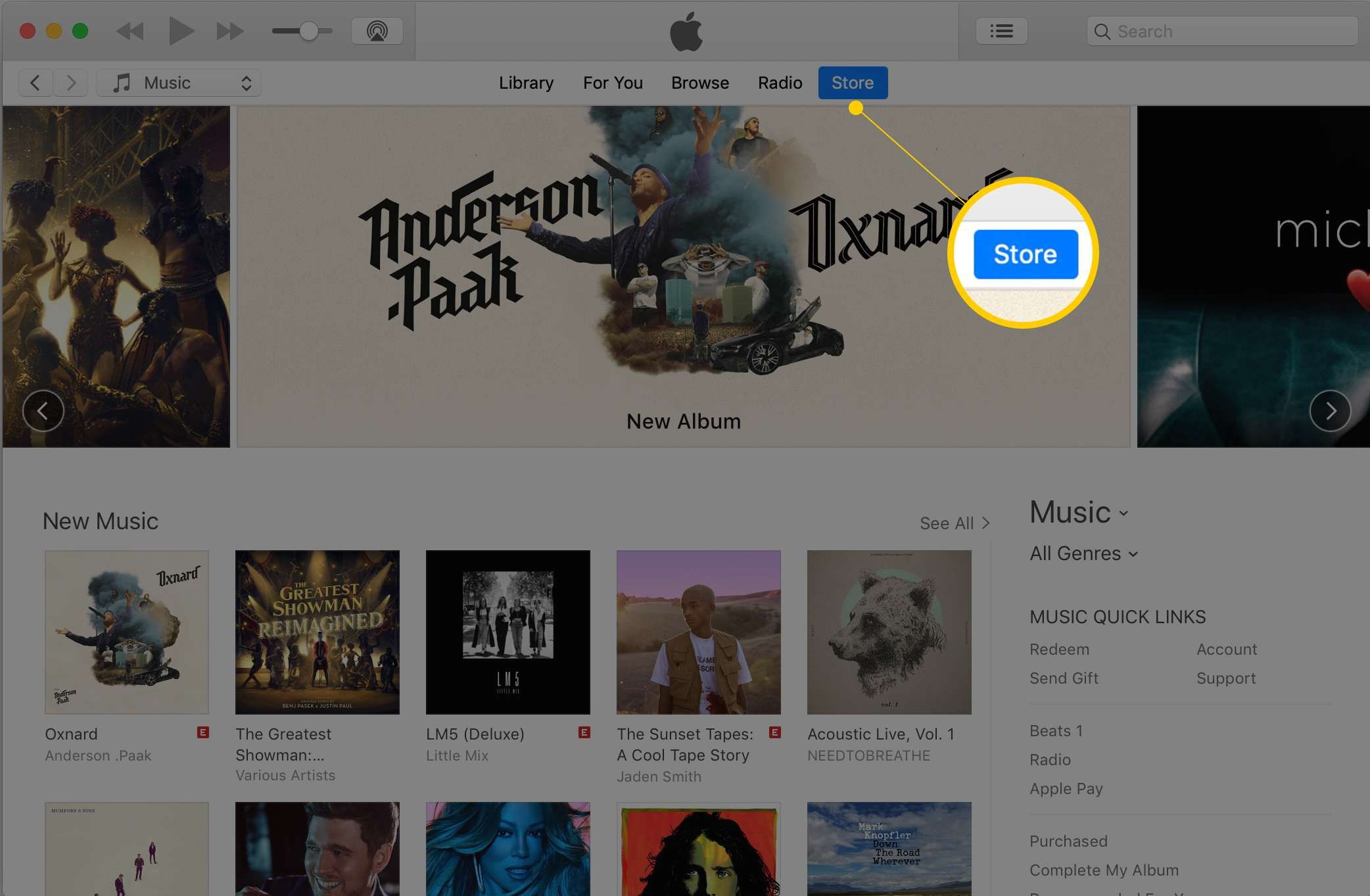 iTunes на macOS, со скриншотами в верхней панели навигации отображается кнопка «Магазин»