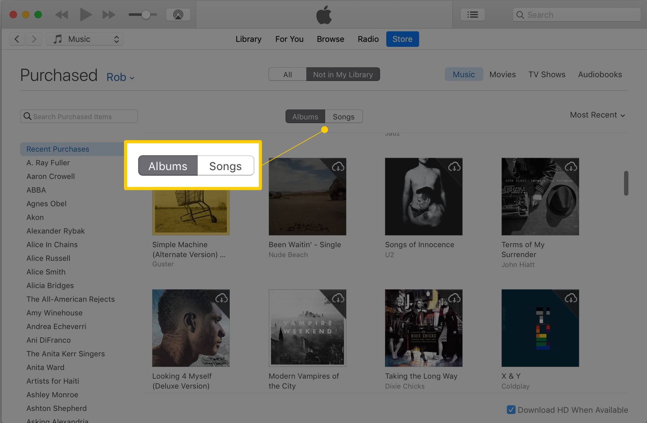 Переключение между альбомами и песнями на скриншоте iTunes