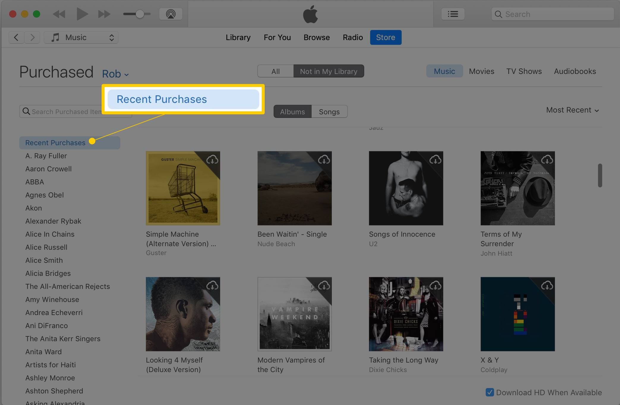 Ссылка Недавние покупки на скриншоте iTunes