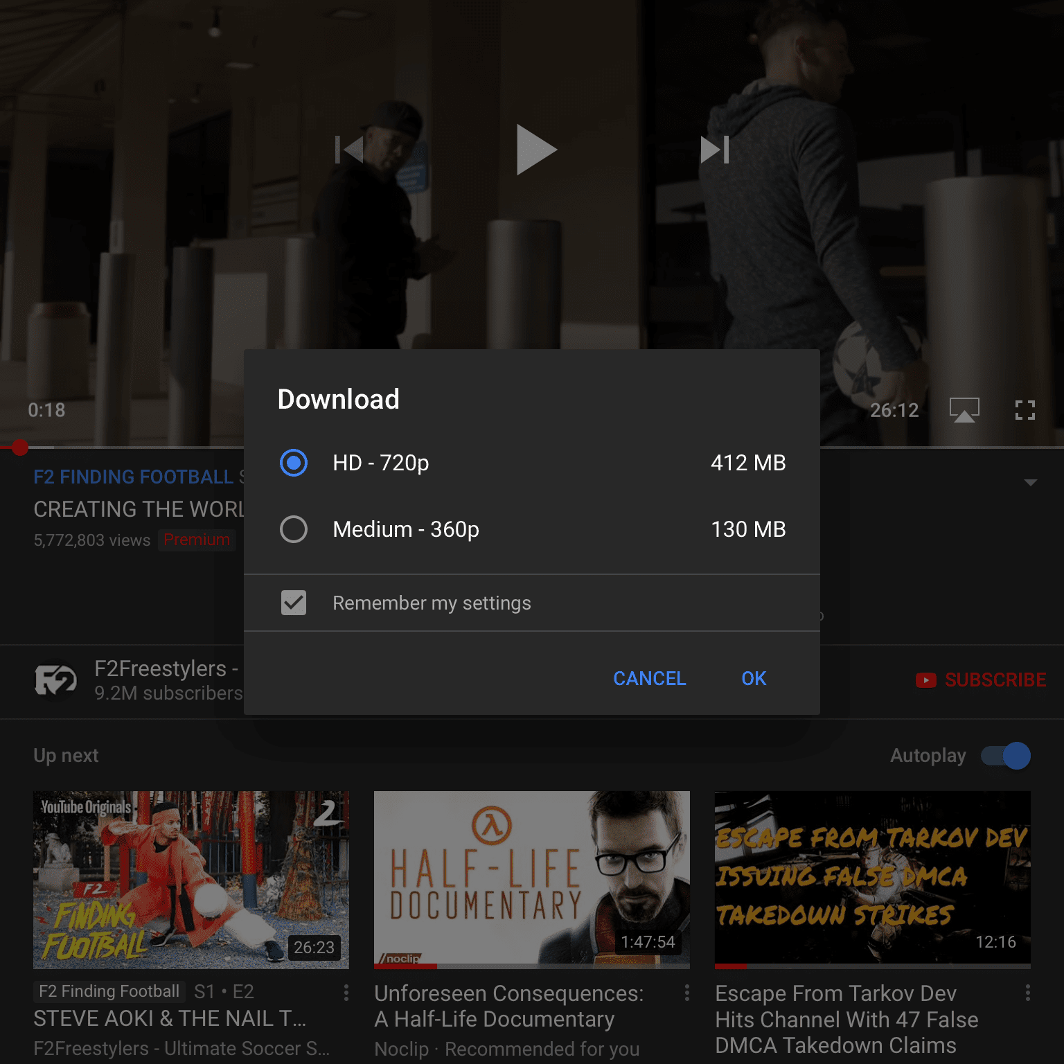 Экран качества видео в приложении YouTube