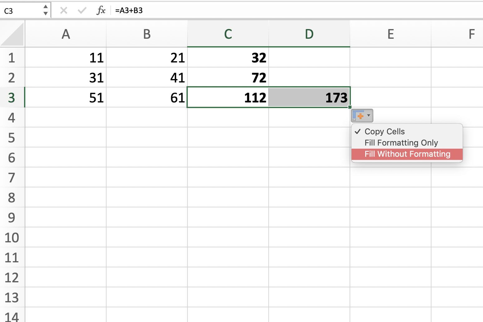 Снимок экрана Excel с параметрами форматирования