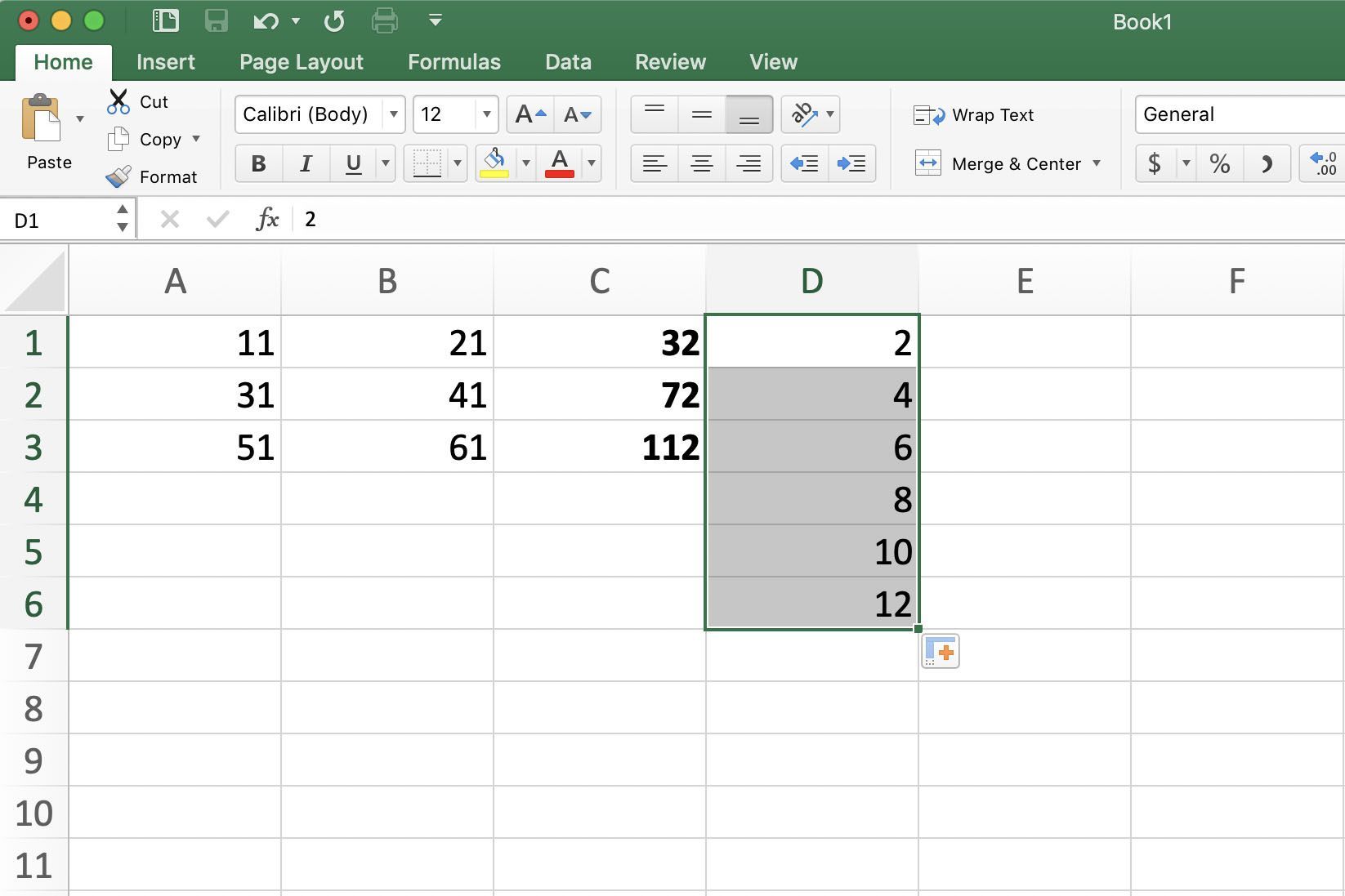 Снимок экрана Excel с автозаполнением