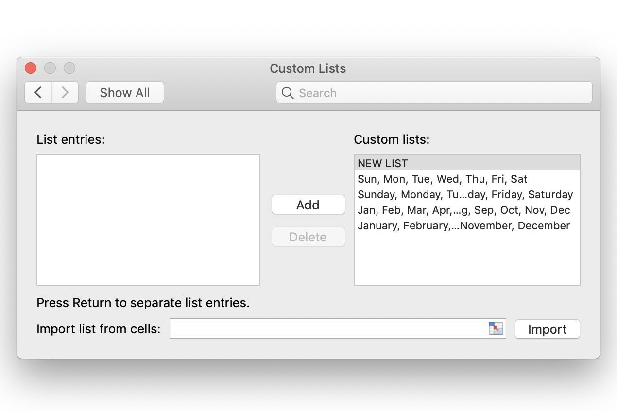 Снимок экрана Excel, показывающий выбор пользовательских списков