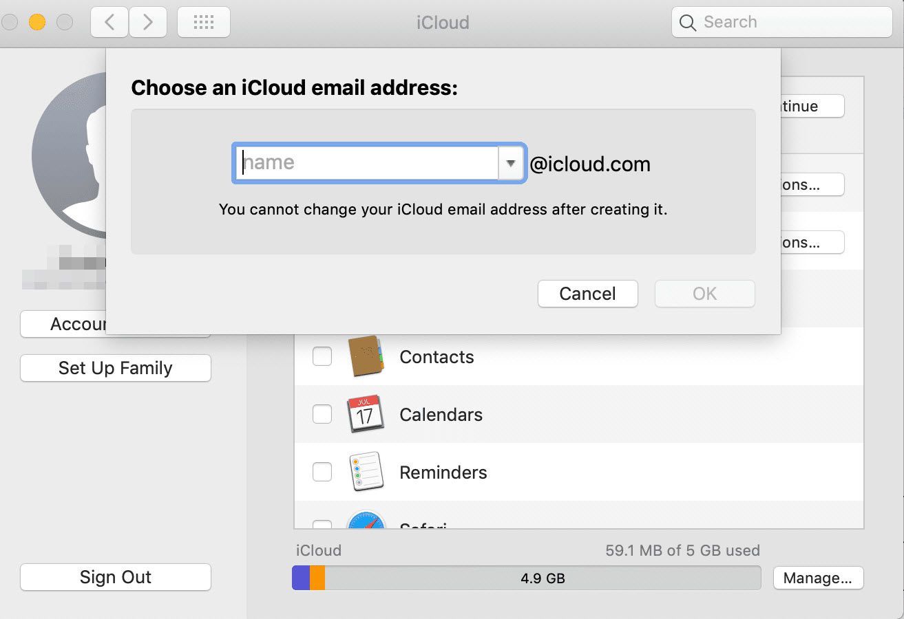 Снимок экрана, показывающий, как создать адрес электронной почты icloud.