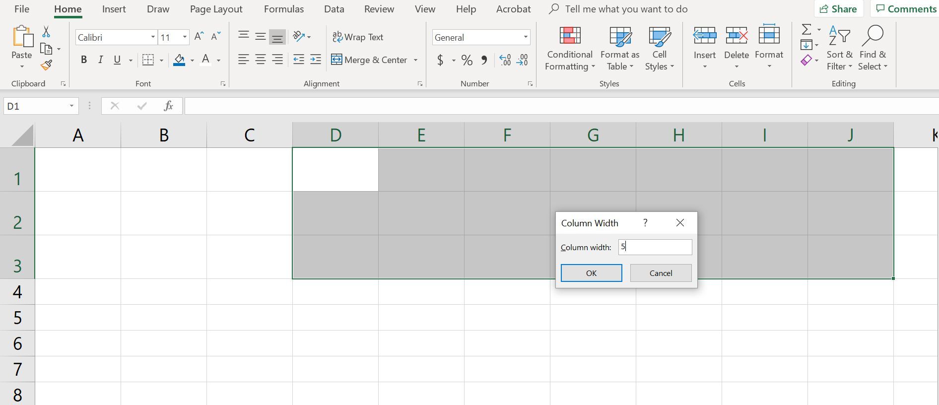 Скриншот Excel's Column Width formatting dialog box.