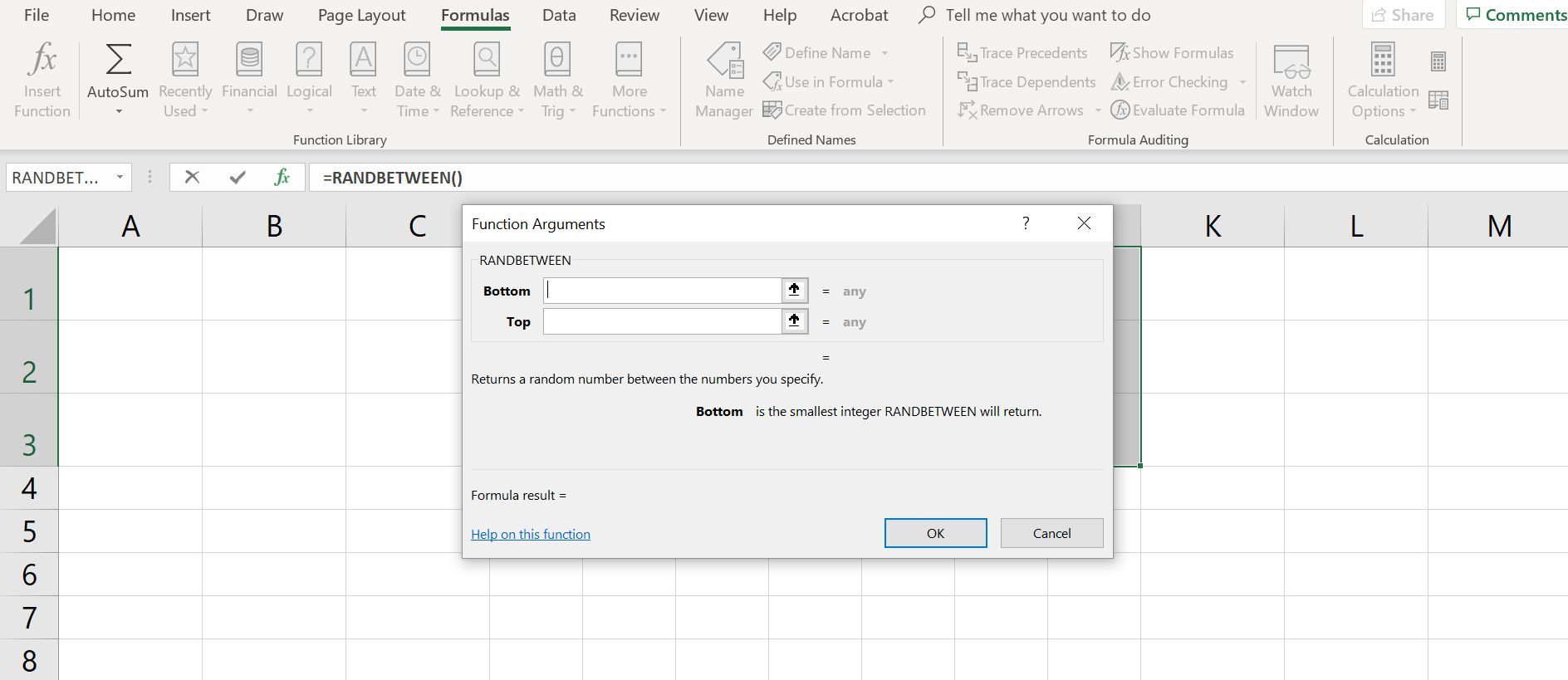Скриншот Excel's RANDBETWEEN function dialog box.