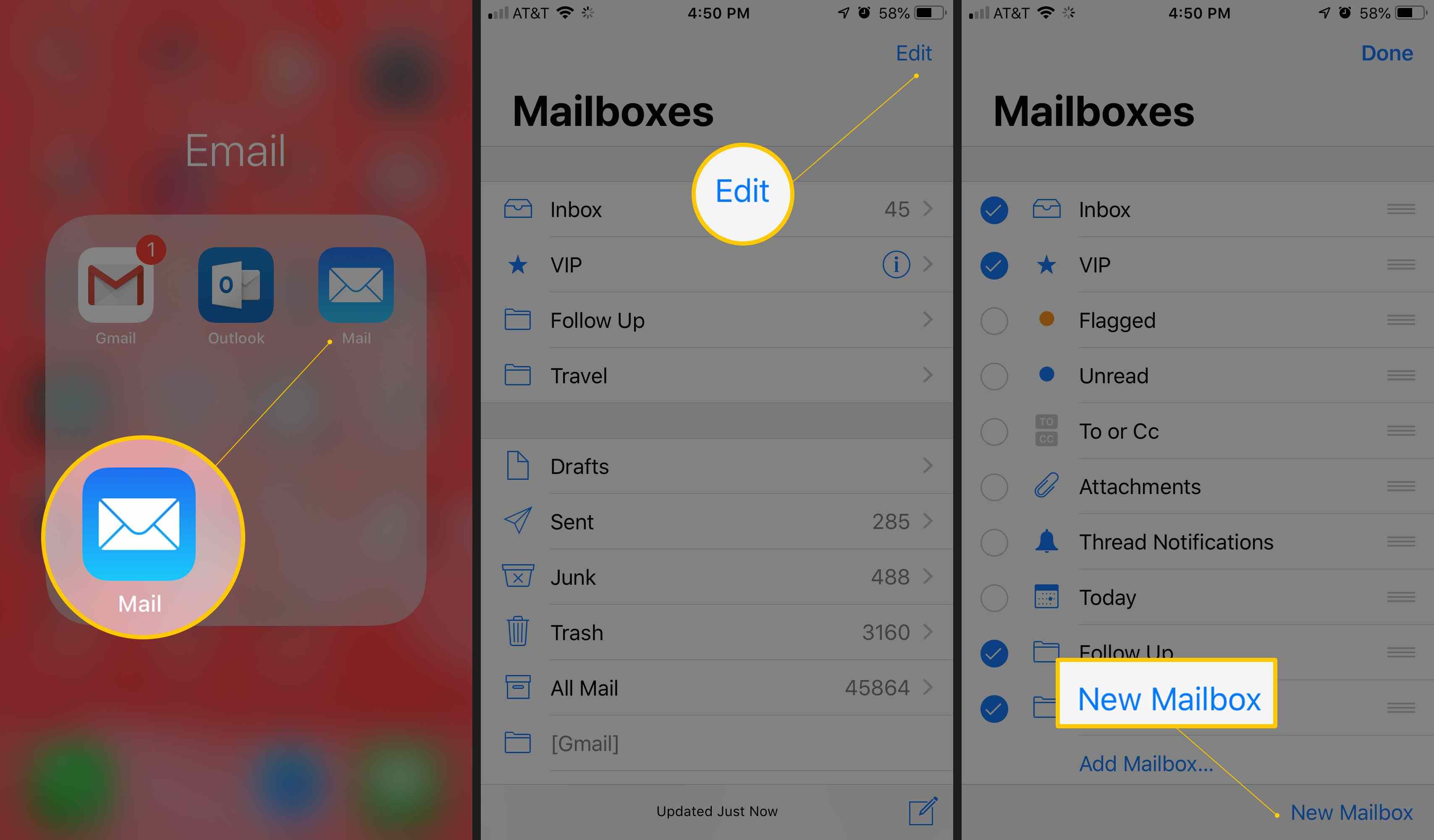 Три экрана iOS, на которых отображаются значок приложения «Почта», кнопка «Редактировать» и кнопка «Новый почтовый ящик» в приложении «Почта»