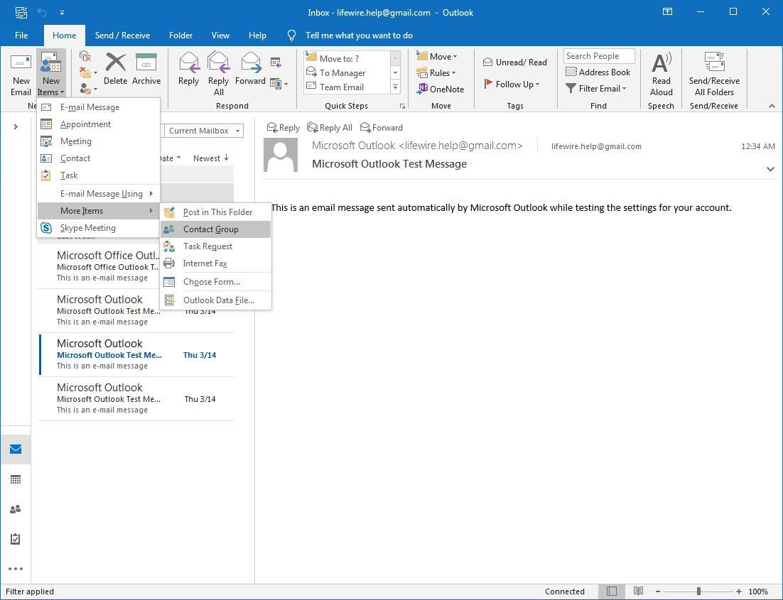 Элемент группы контактов Outlook 2016 в главном меню