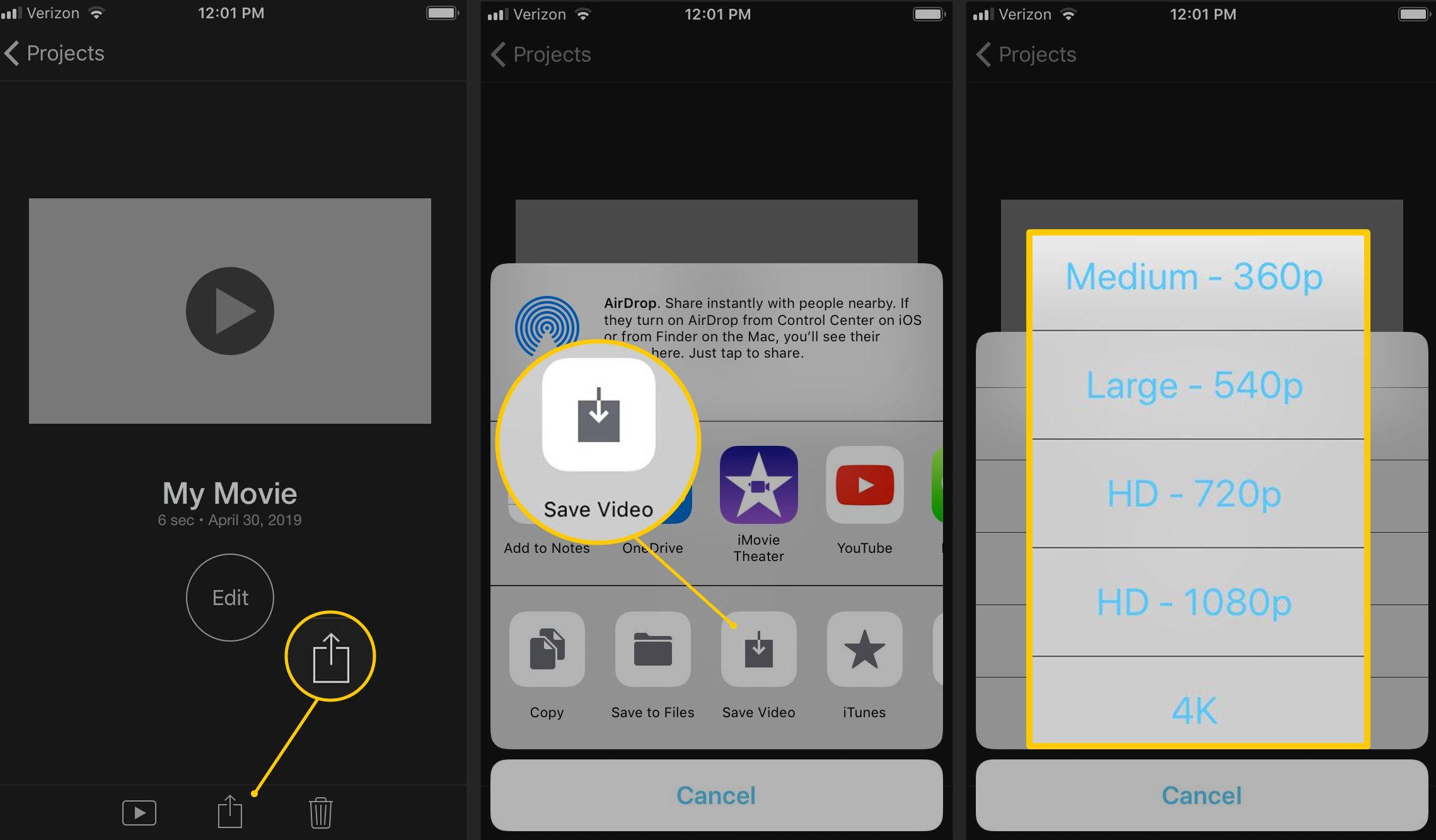 iMovie на iOS, кнопка «Поделиться», «Сохранить видео» и размеры вывода