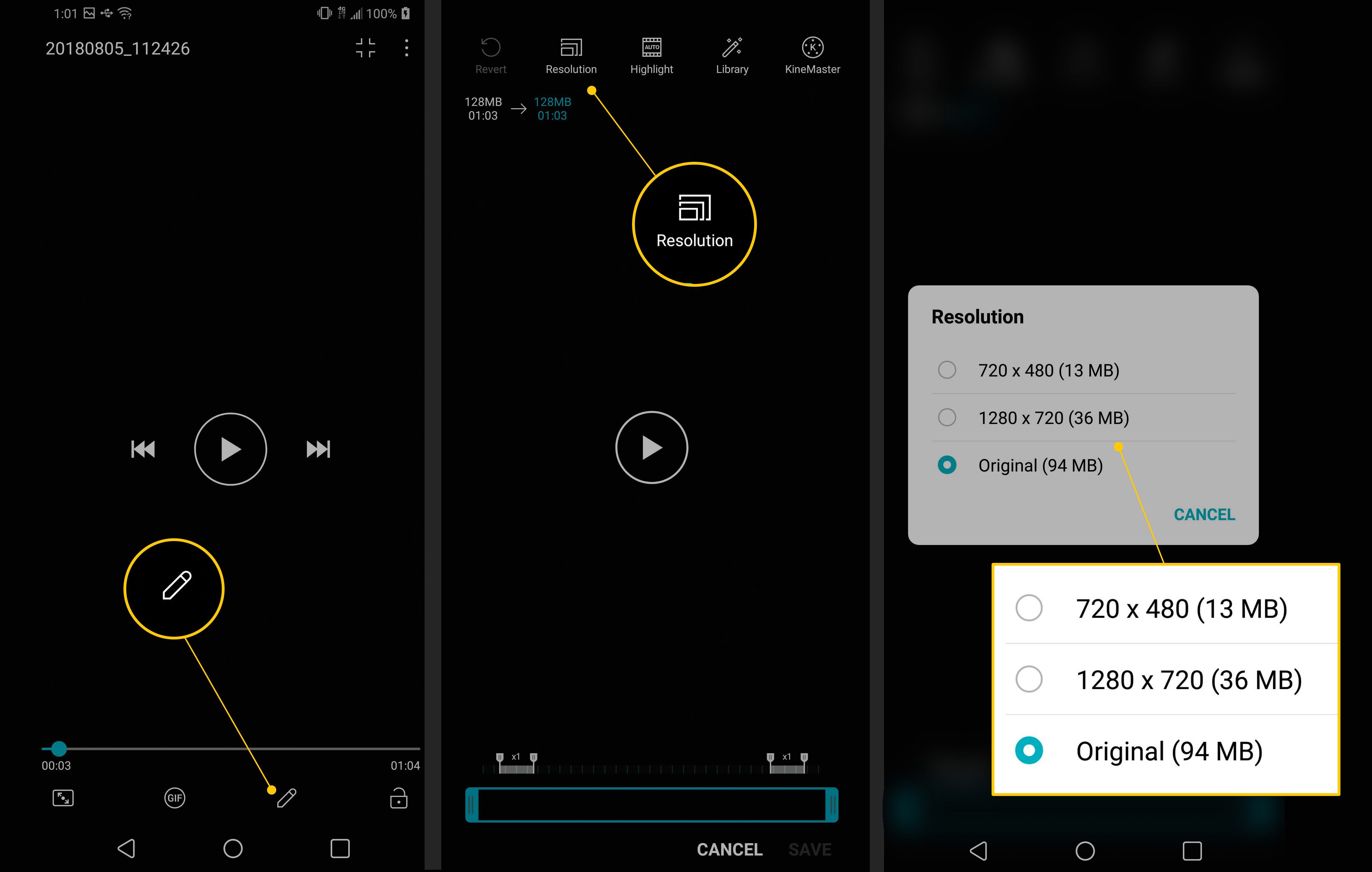 Три экрана Android с кнопками «Редактировать», «Разрешение» и «Опции»