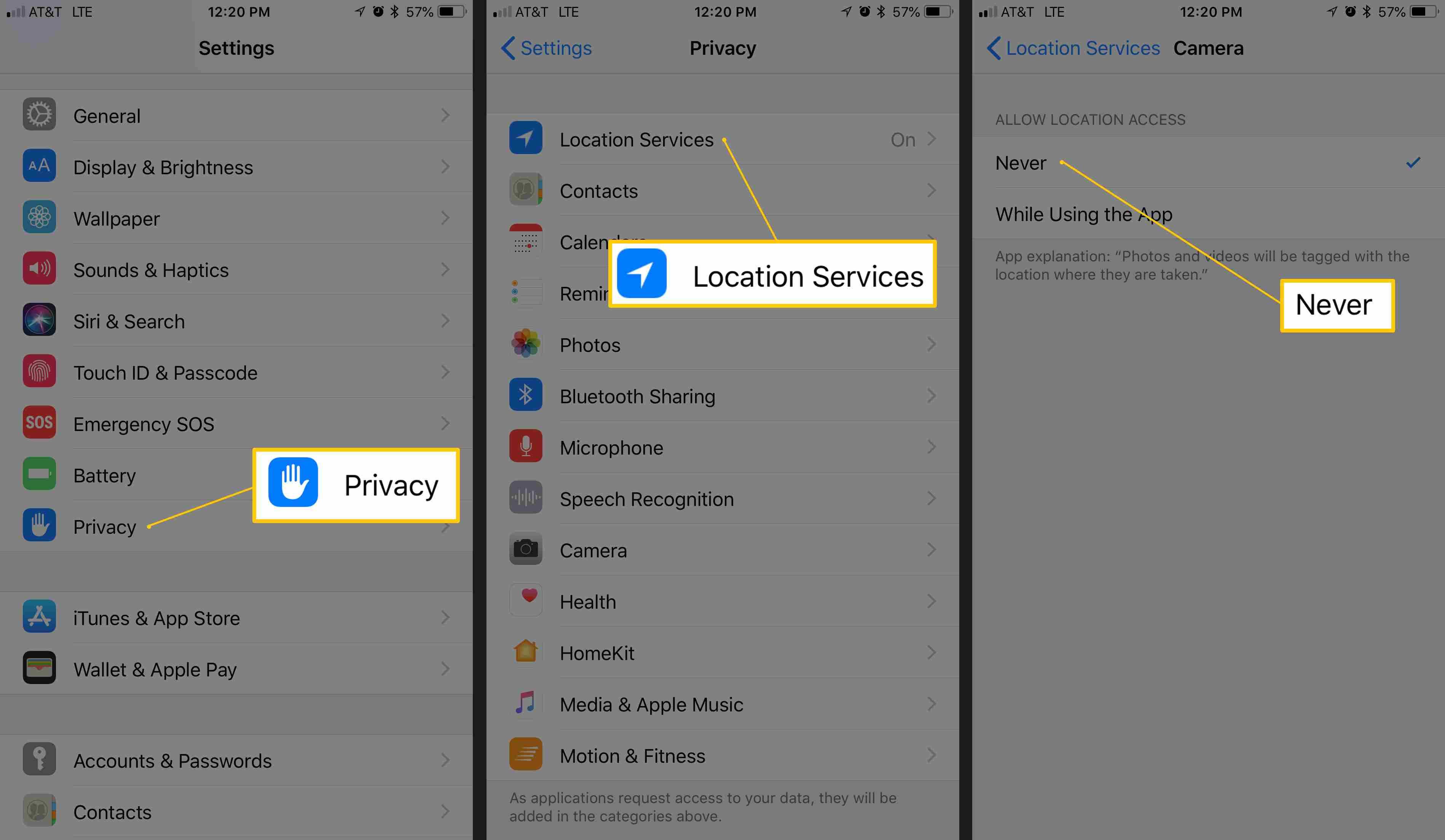 Снимок экрана: настройки, конфиденциальность, службы определения местоположения, камера в iOS