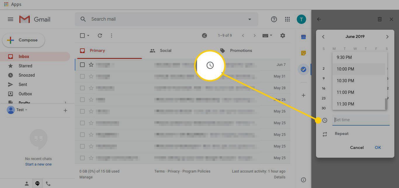Редактор задач в Gmail с выделенной кнопкой Установить время