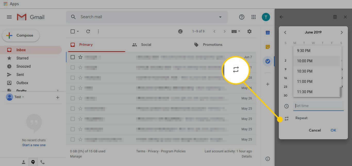Редактор задач в Gmail с выделенной кнопкой «Повторить»