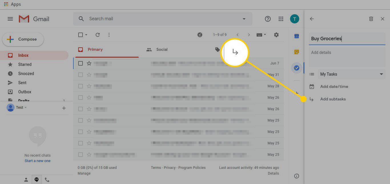 Редактор задач в Gmail с выделенной кнопкой «Добавить подзадачи»
