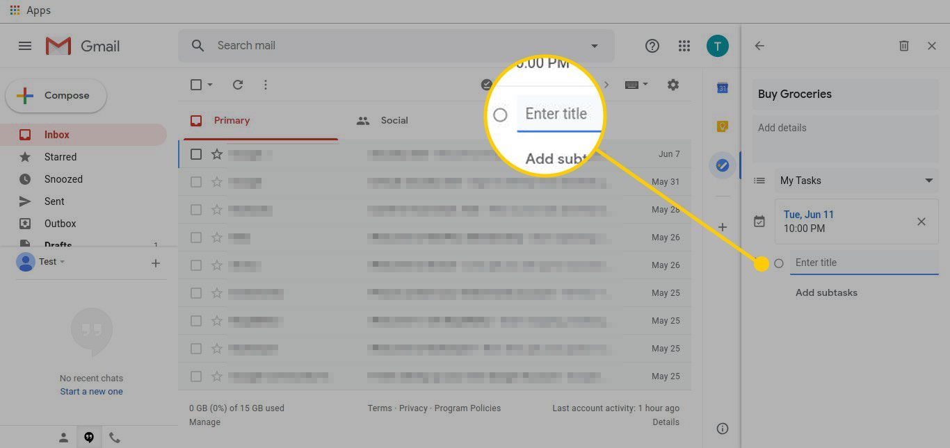 Редактор задач в Gmail с выделенным полем заголовка для подзадачи