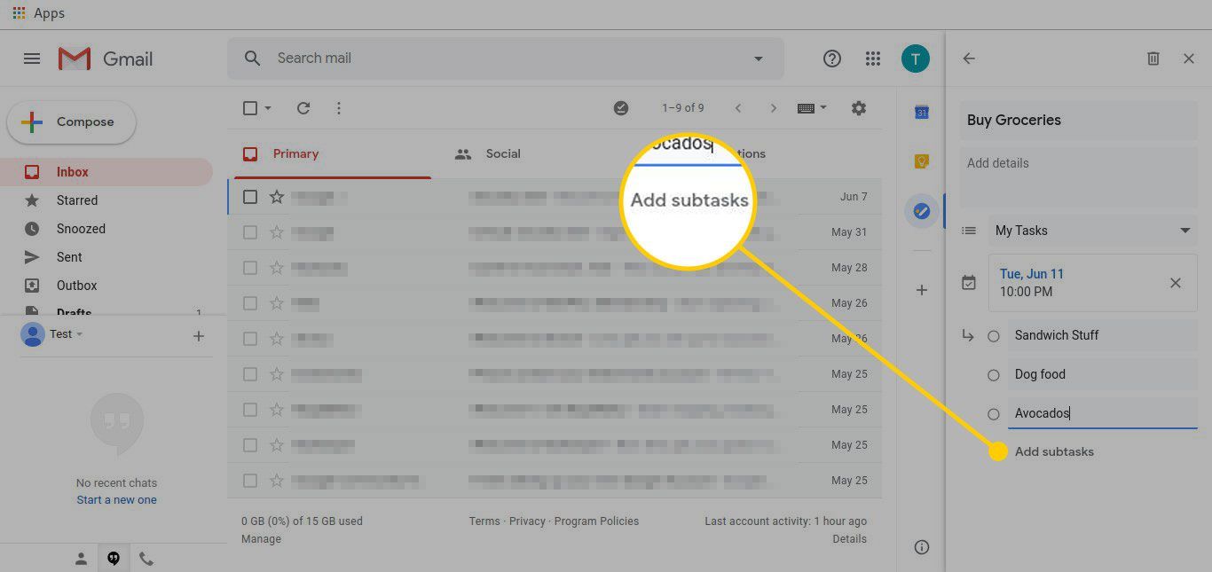 Редактор задач в Gmail с кнопкой для добавления дополнительных подзадач выделен