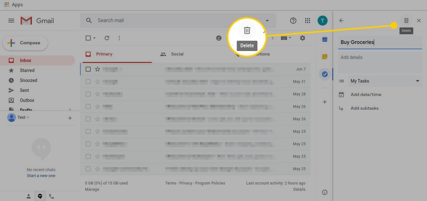 Задача в Gmail с выделенным значком Удалить
