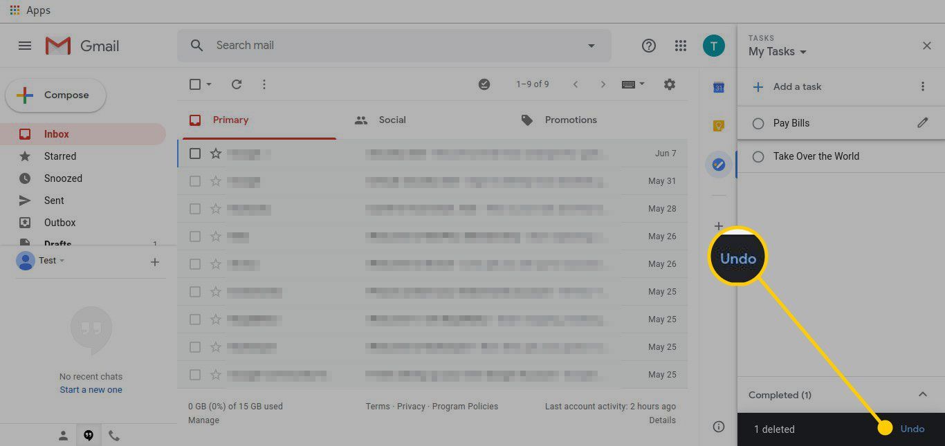 Удаленная задача в Gmail с выделенной кнопкой «Отменить»