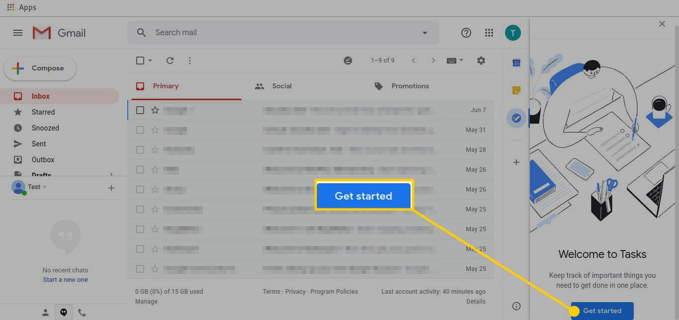 Окно «Задачи Gmail» с выделенной кнопкой «Начать»