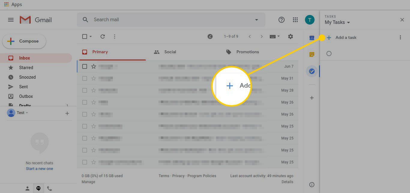 Входящие Gmail с выделенной кнопкой «Добавить задачу»