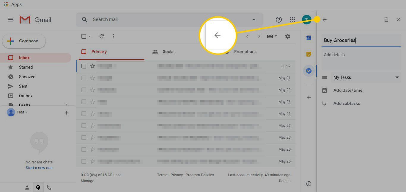 Редактор задач в Gmail с выделенной стрелкой назад